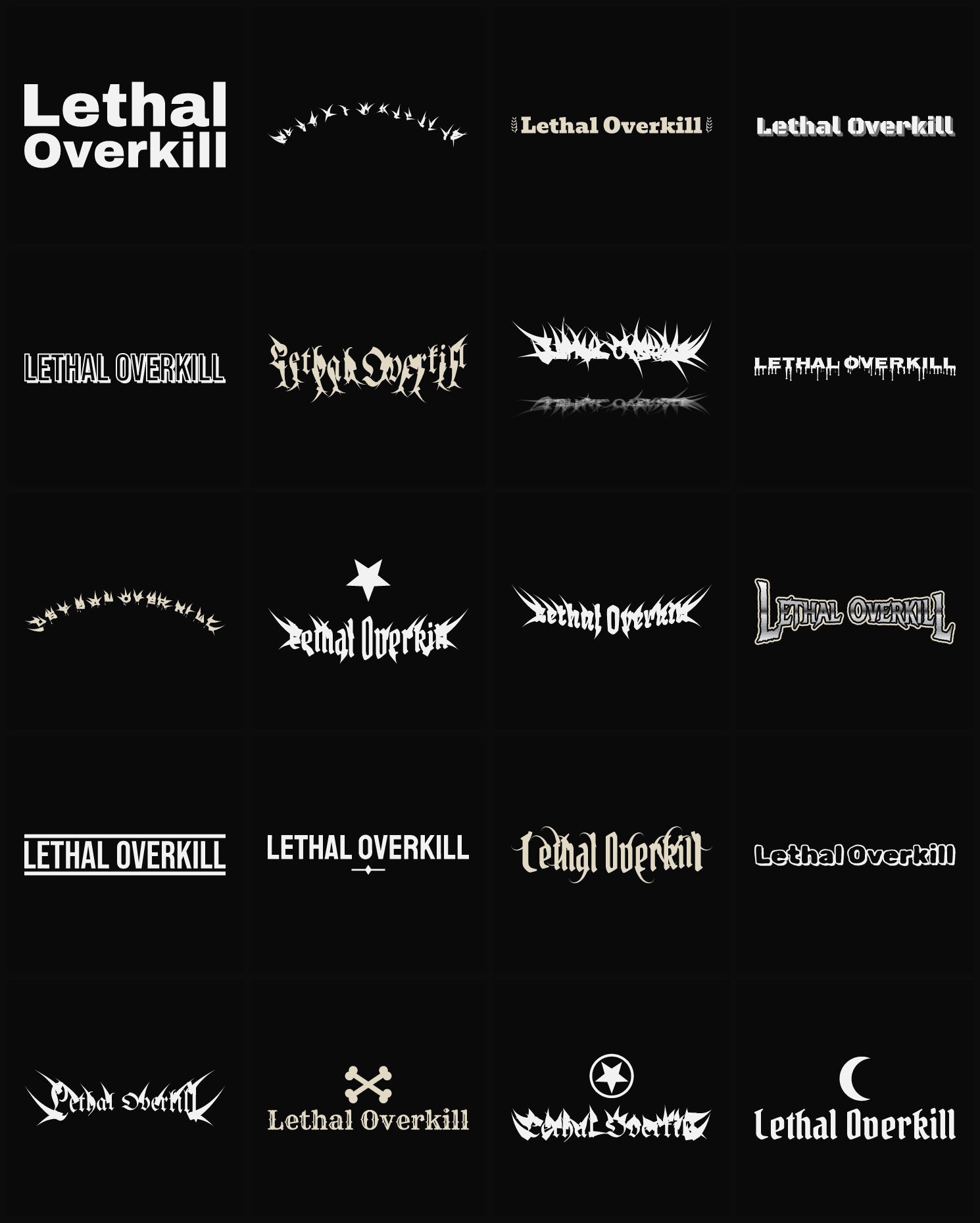 Twenty Lethal Overkill band logo ideas — different faces, treatments and spike settings