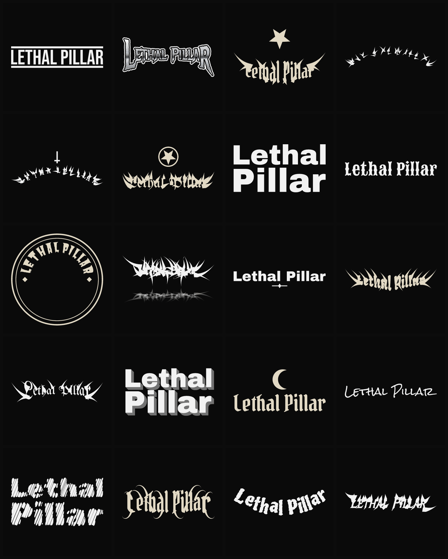 Twenty Lethal Pillar band logo ideas — different faces, treatments and spike settings