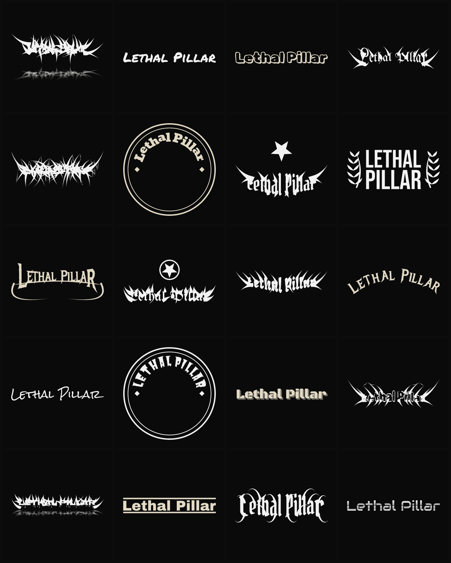 Twenty Lethal Pillar band logo ideas — different faces, treatments and spike settings