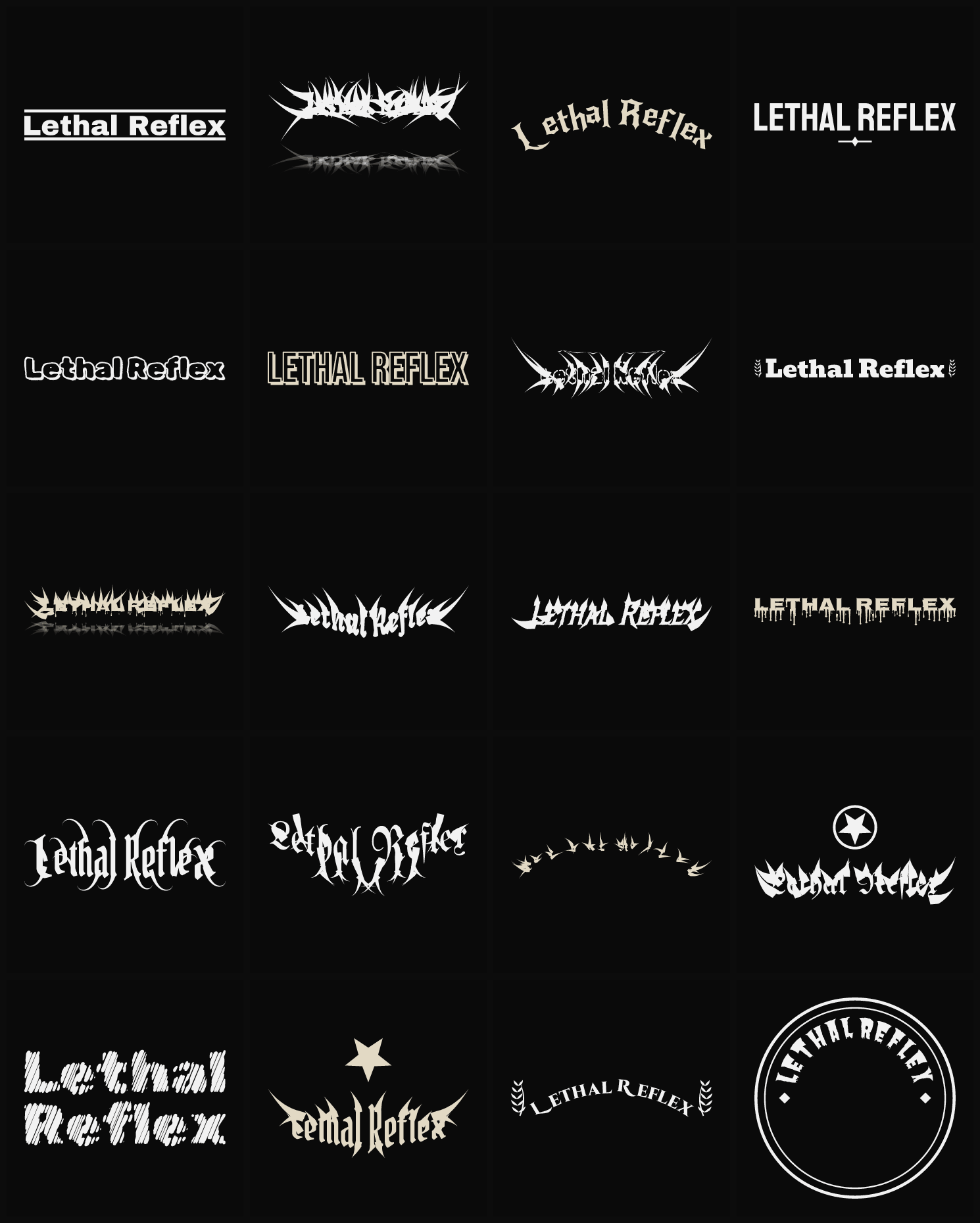 Twenty Lethal Reflex band logo ideas — different faces, treatments and spike settings