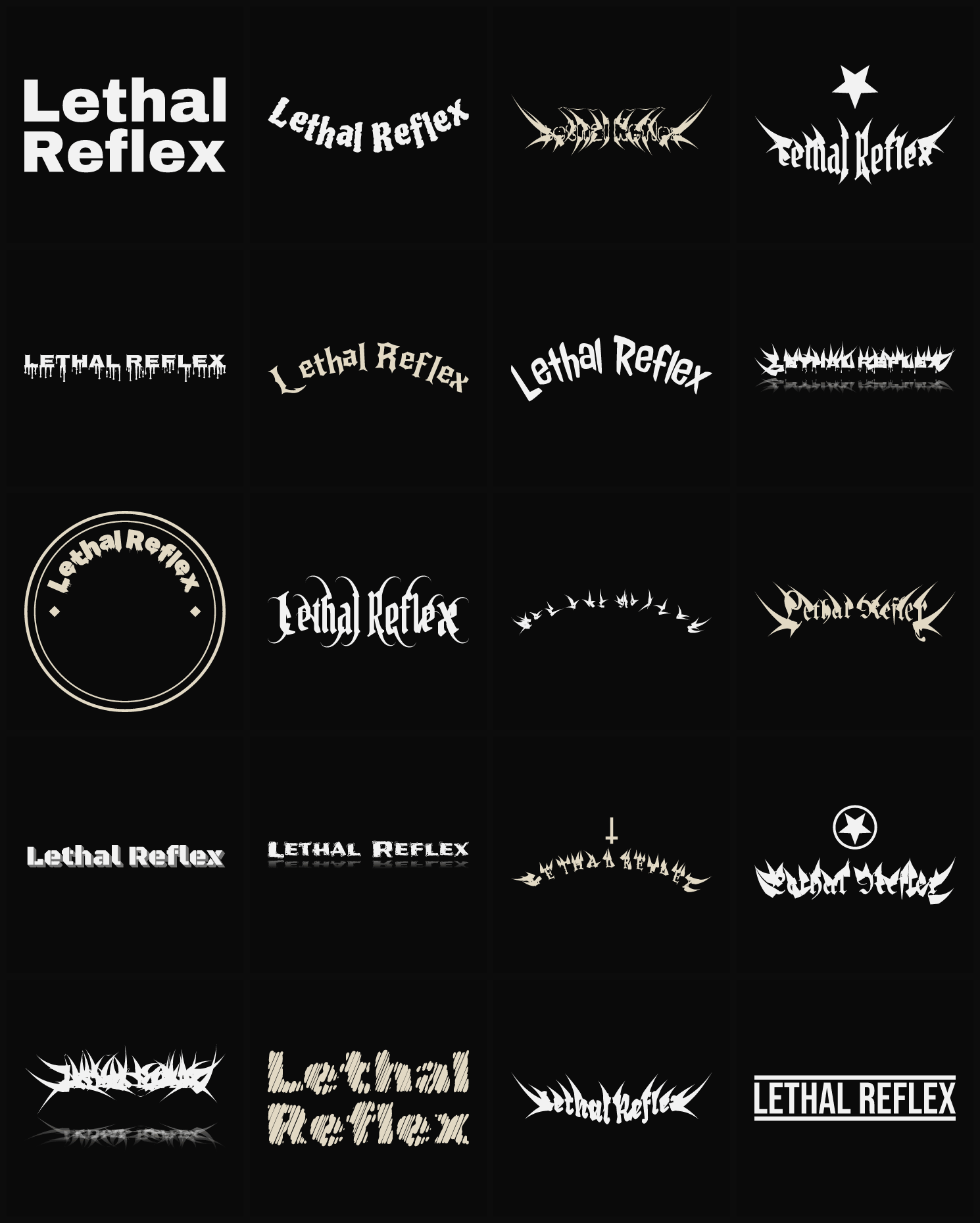 Twenty Lethal Reflex band logo ideas — different faces, treatments and spike settings