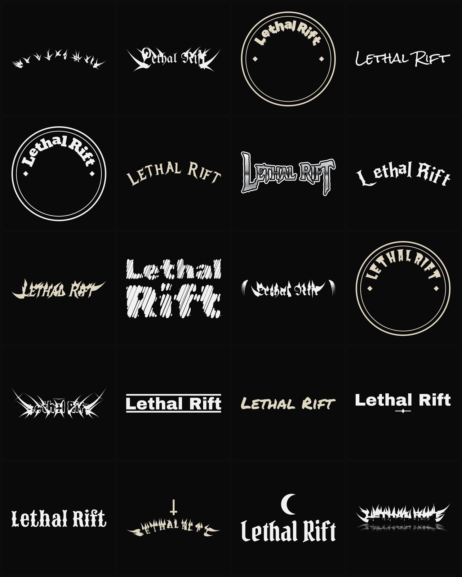 Twenty Lethal Rift band logo ideas — different faces, treatments and spike settings