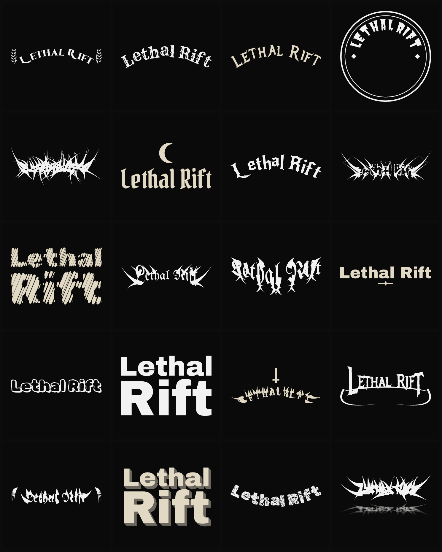Twenty Lethal Rift band logo ideas — different faces, treatments and spike settings