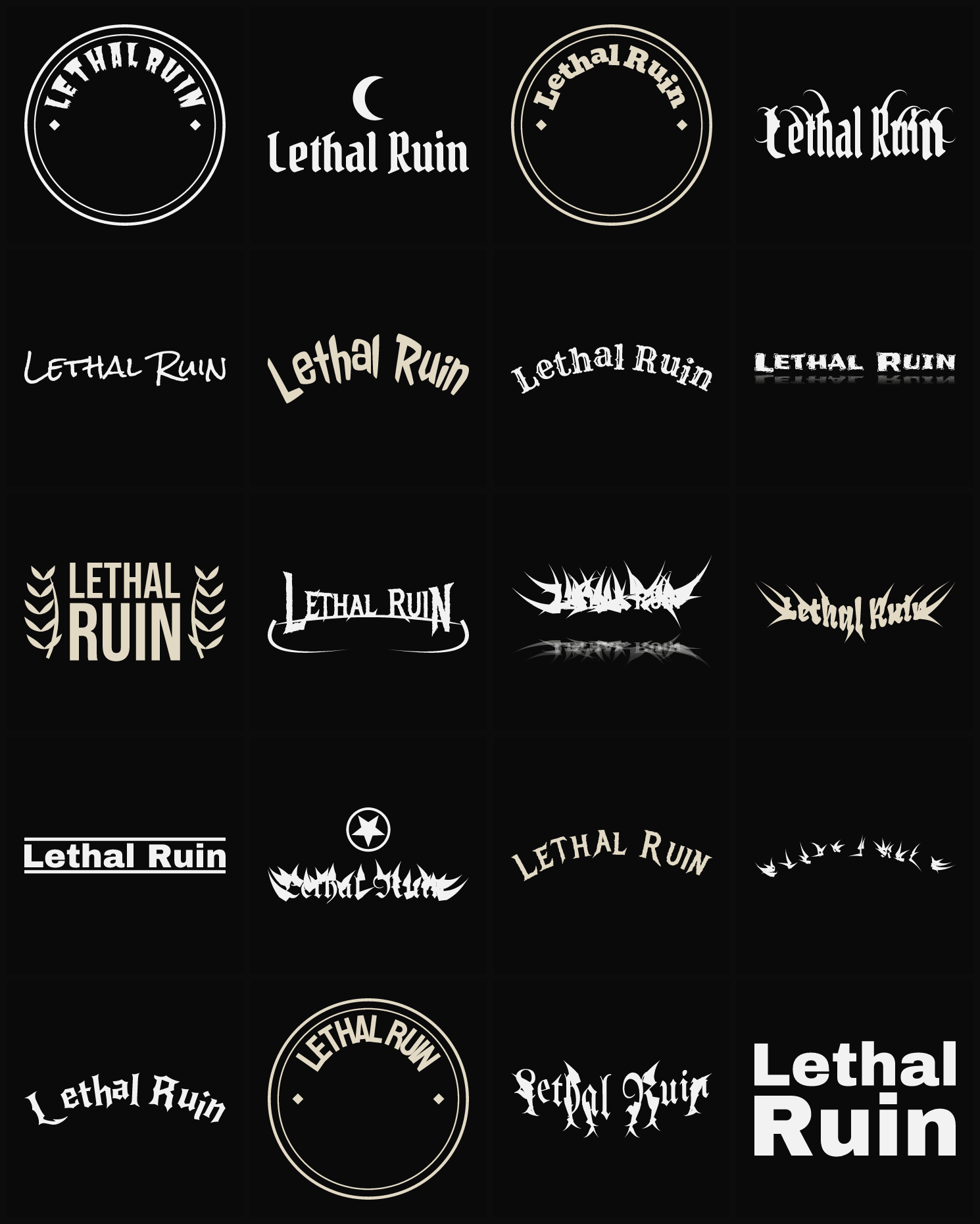 Twenty Lethal Ruin band logo ideas — different faces, treatments and spike settings