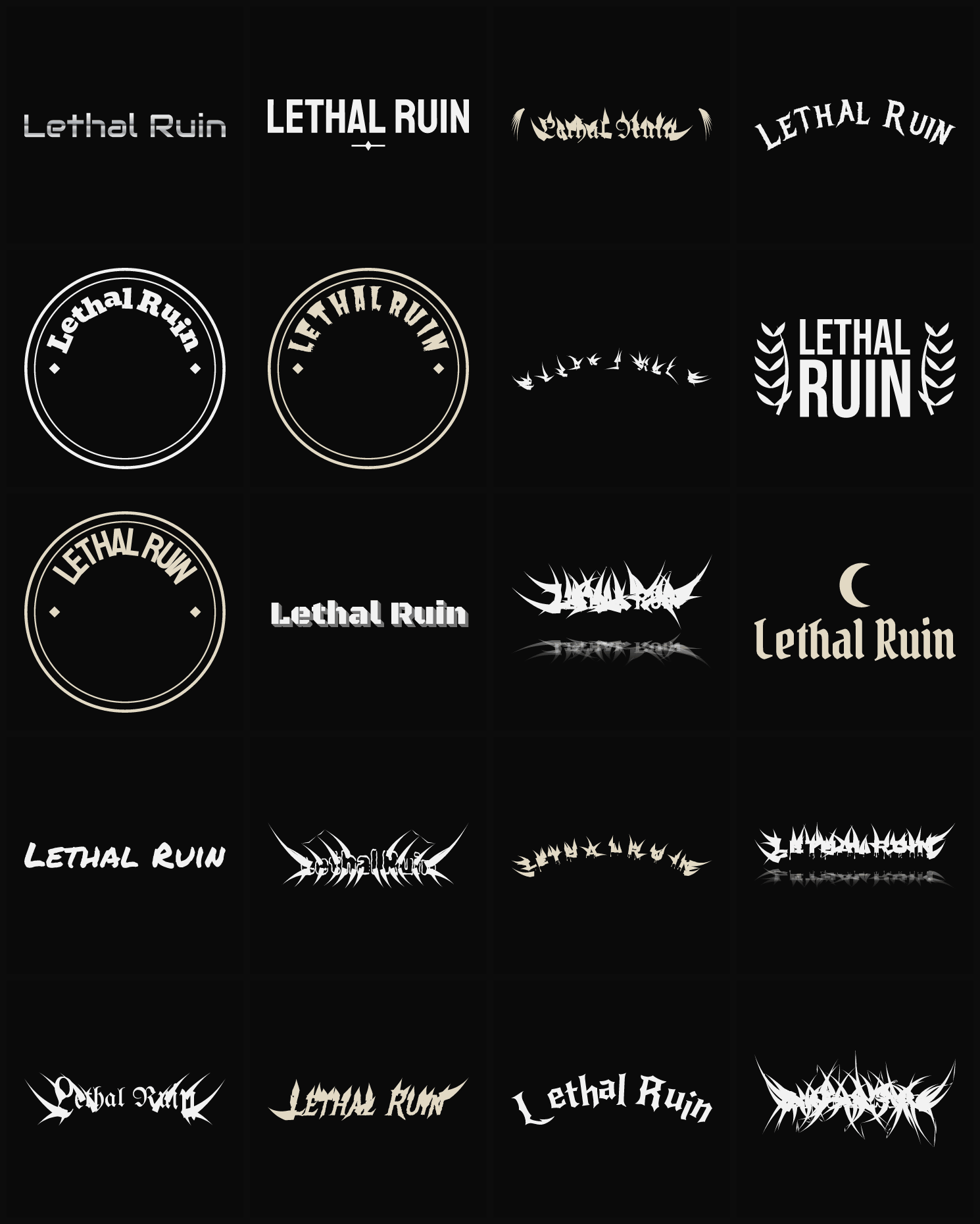 Twenty Lethal Ruin band logo ideas — different faces, treatments and spike settings