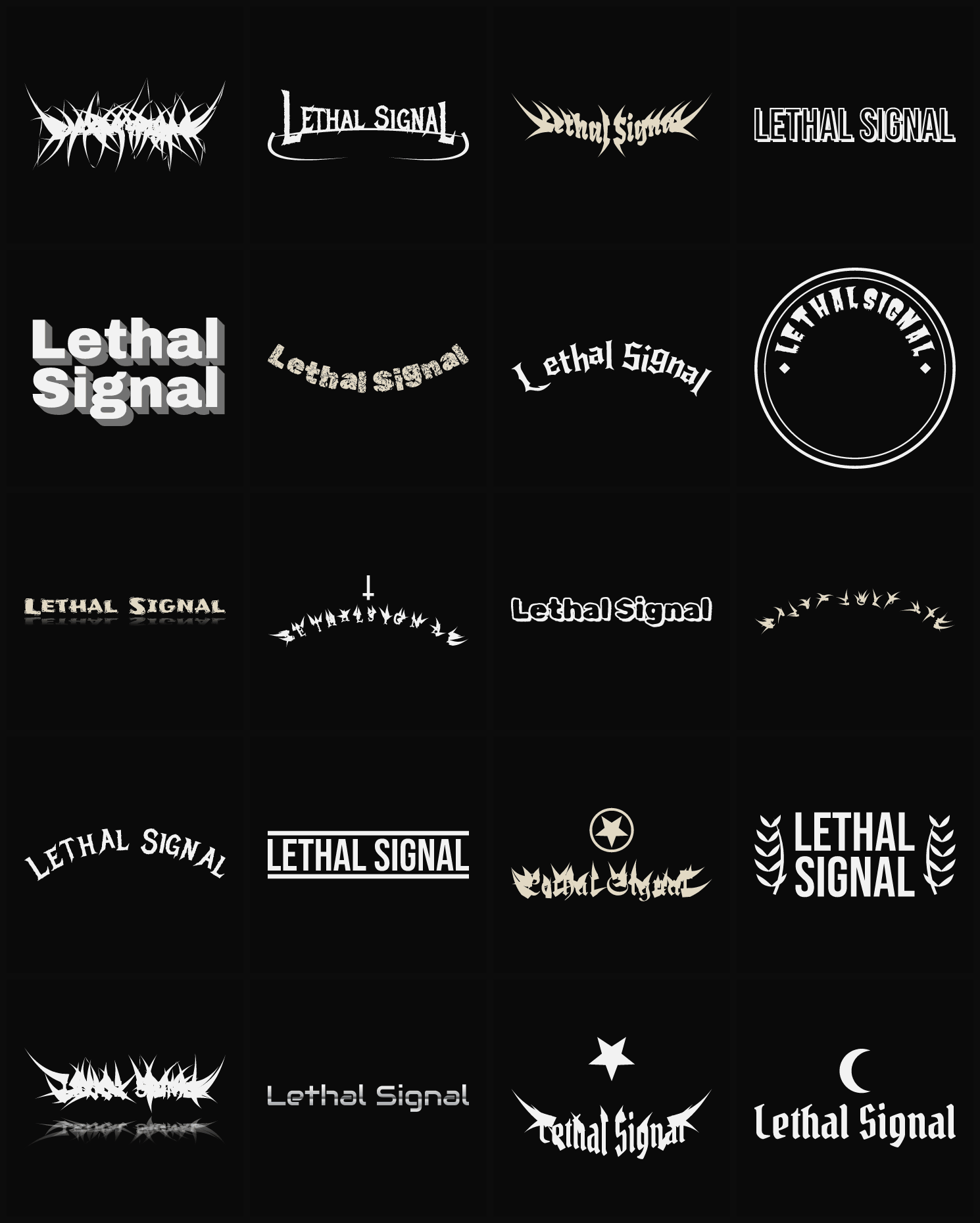 Twenty Lethal Signal band logo ideas — different faces, treatments and spike settings