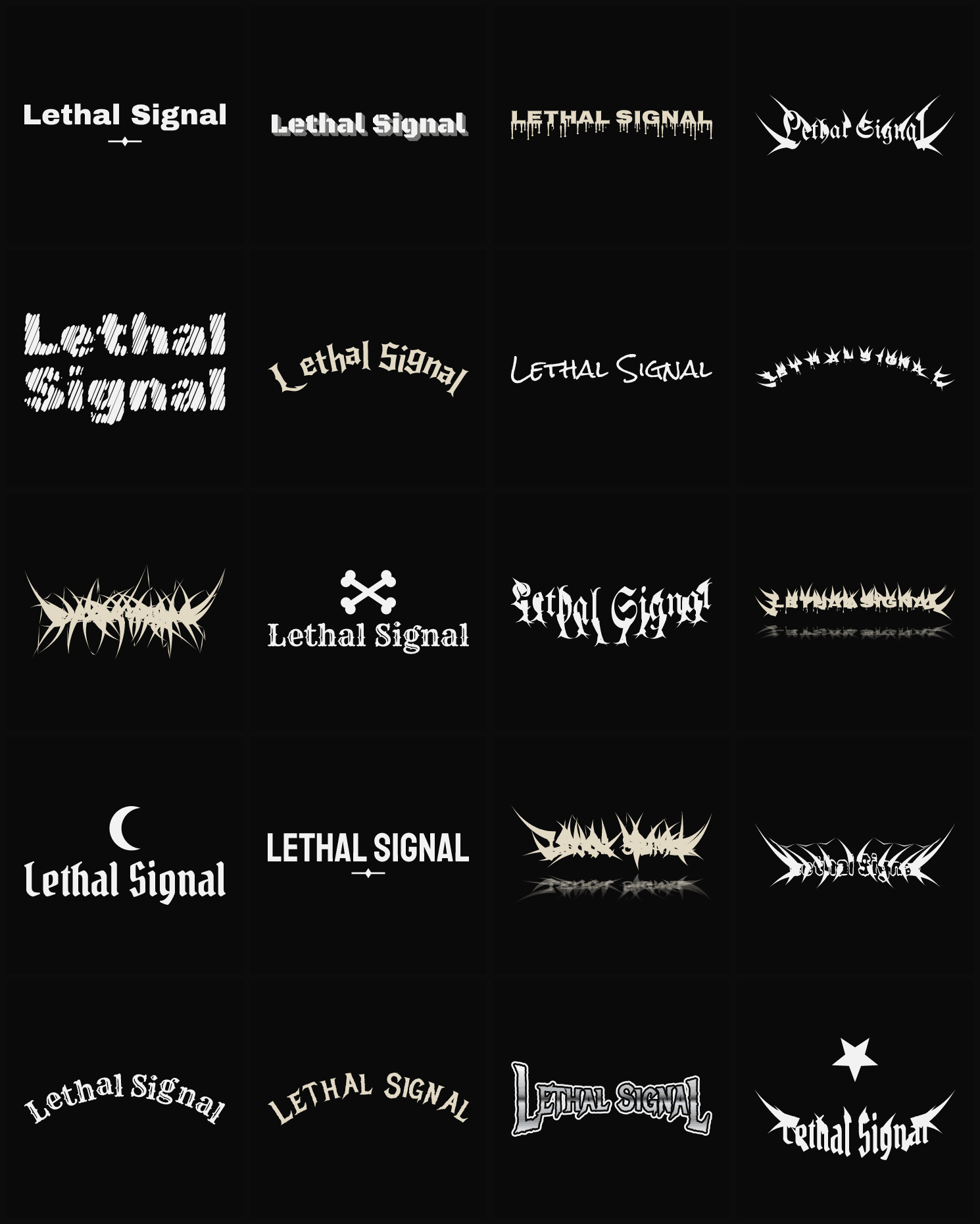 Twenty Lethal Signal band logo ideas — different faces, treatments and spike settings