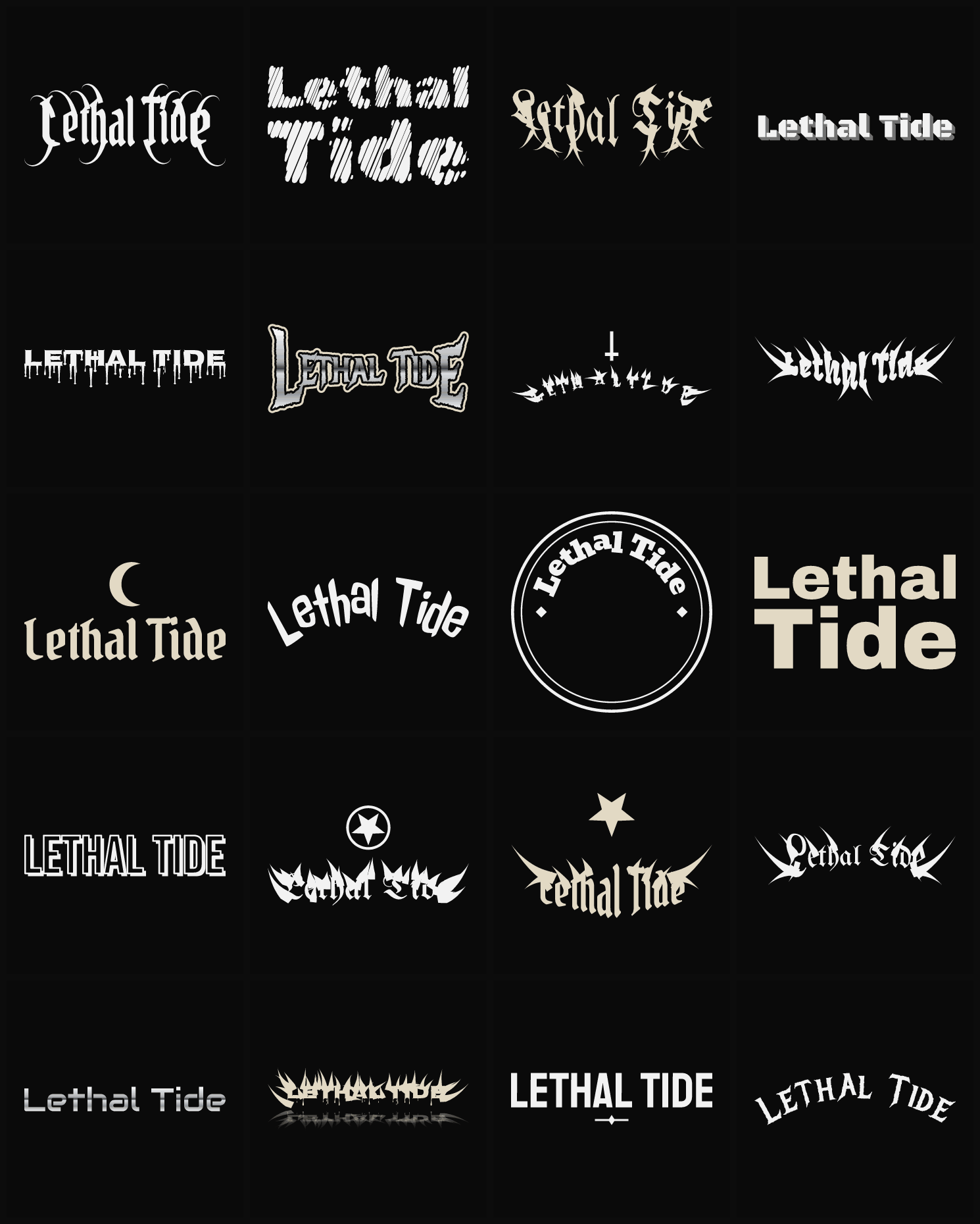 Twenty Lethal Tide band logo ideas — different faces, treatments and spike settings