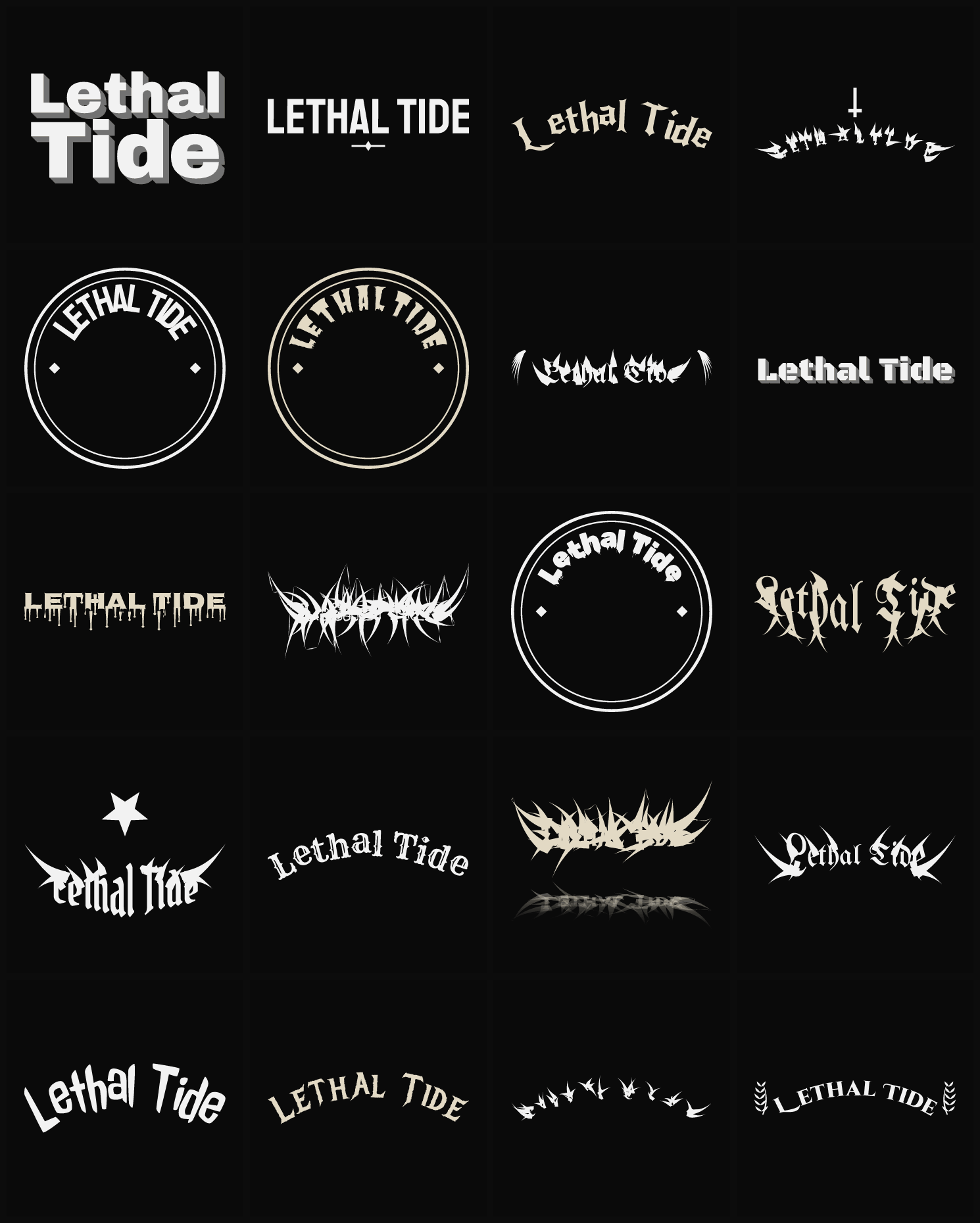 Twenty Lethal Tide band logo ideas — different faces, treatments and spike settings