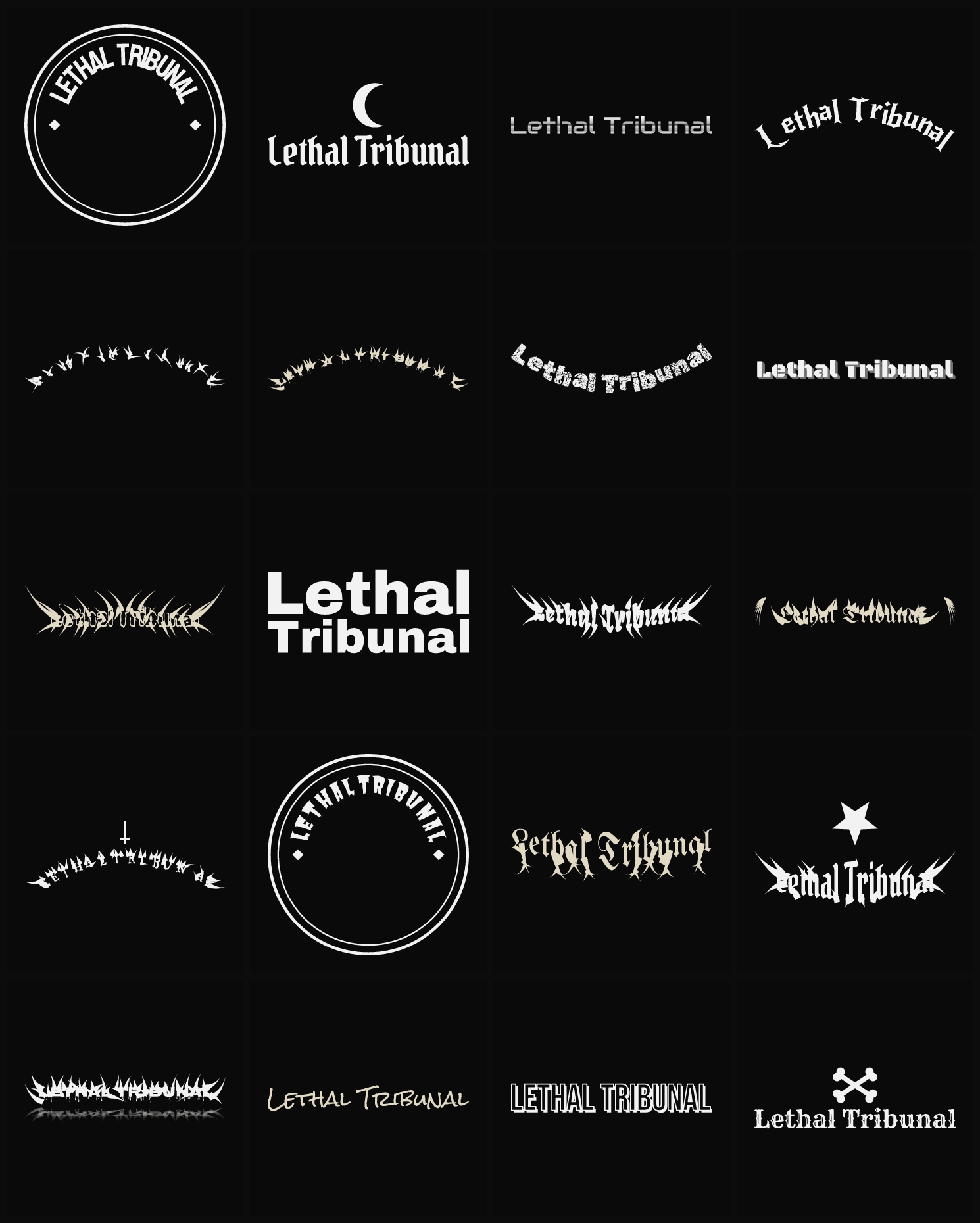 Twenty Lethal Tribunal band logo ideas — different faces, treatments and spike settings