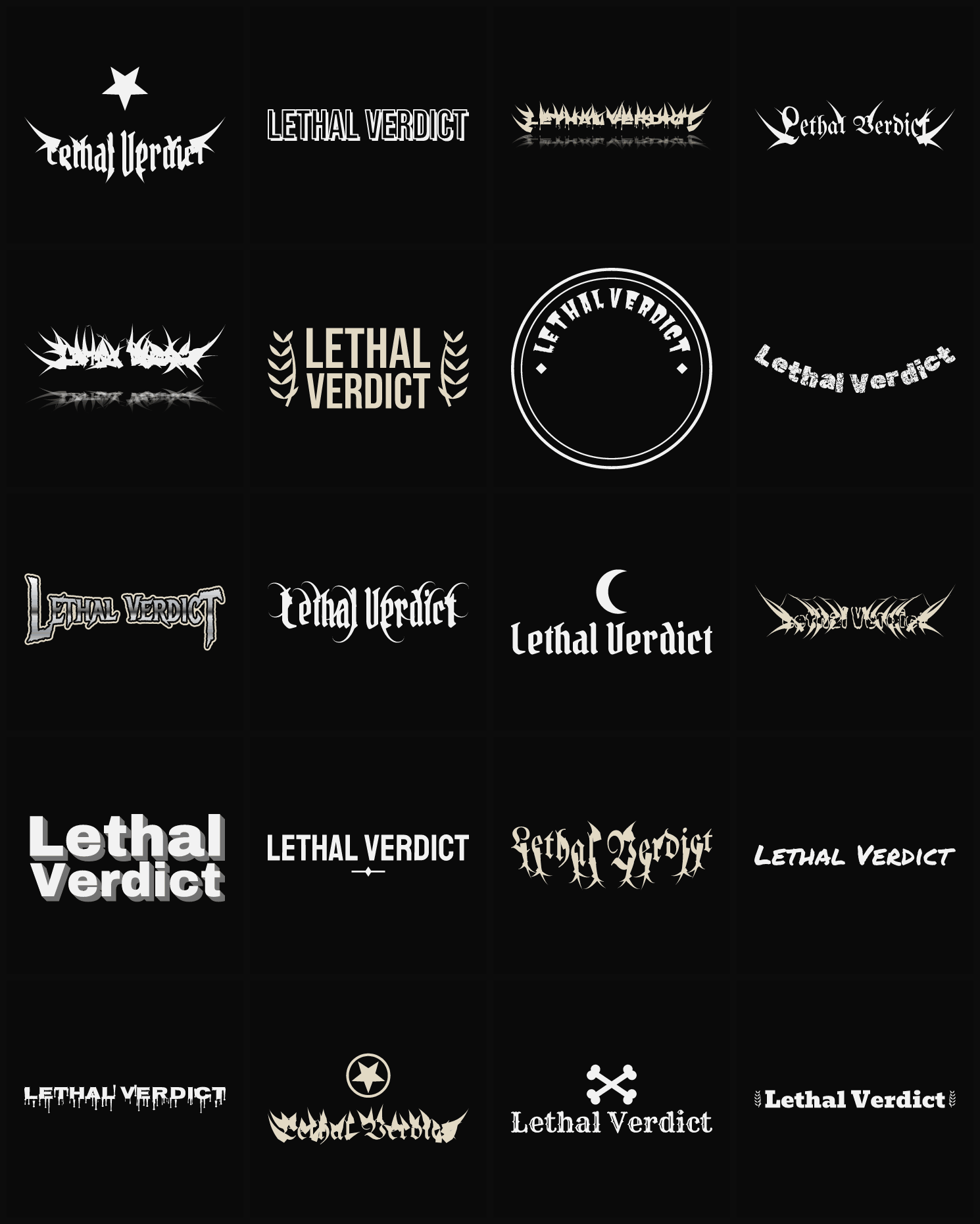 Twenty Lethal Verdict band logo ideas — different faces, treatments and spike settings