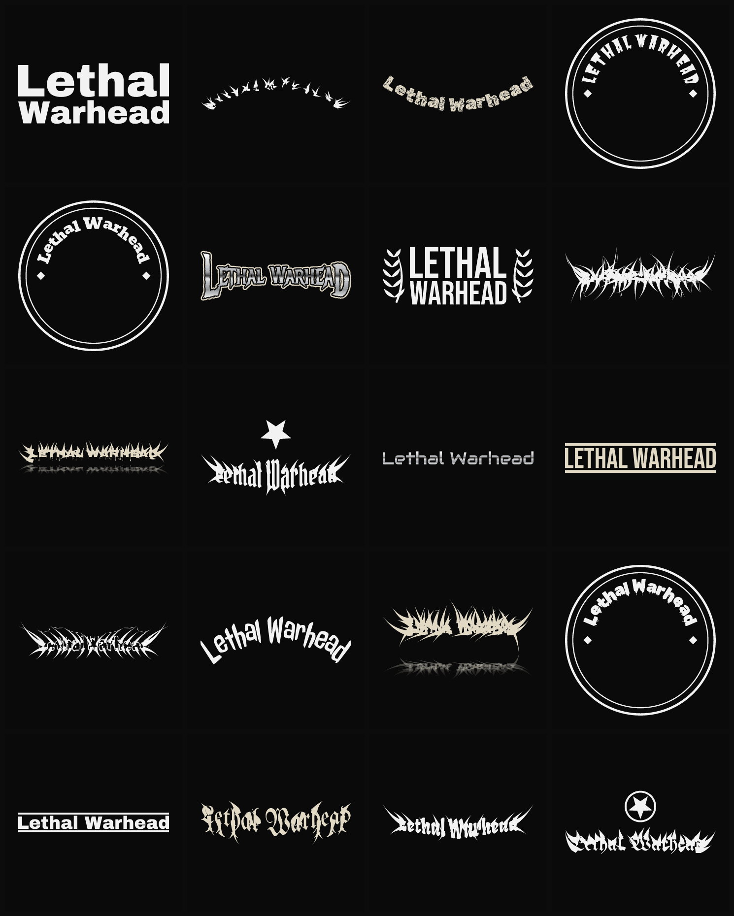 Twenty Lethal Warhead band logo ideas — different faces, treatments and spike settings