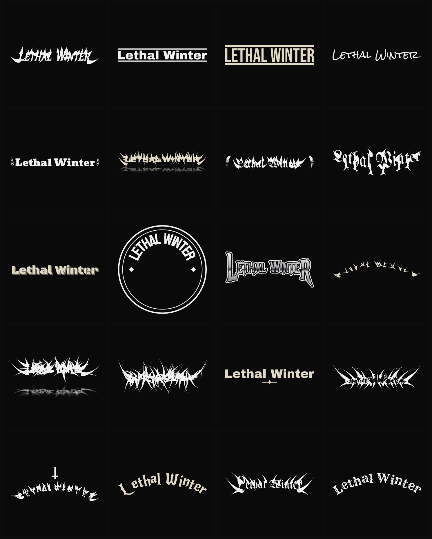 Twenty Lethal Winter band logo ideas — different faces, treatments and spike settings