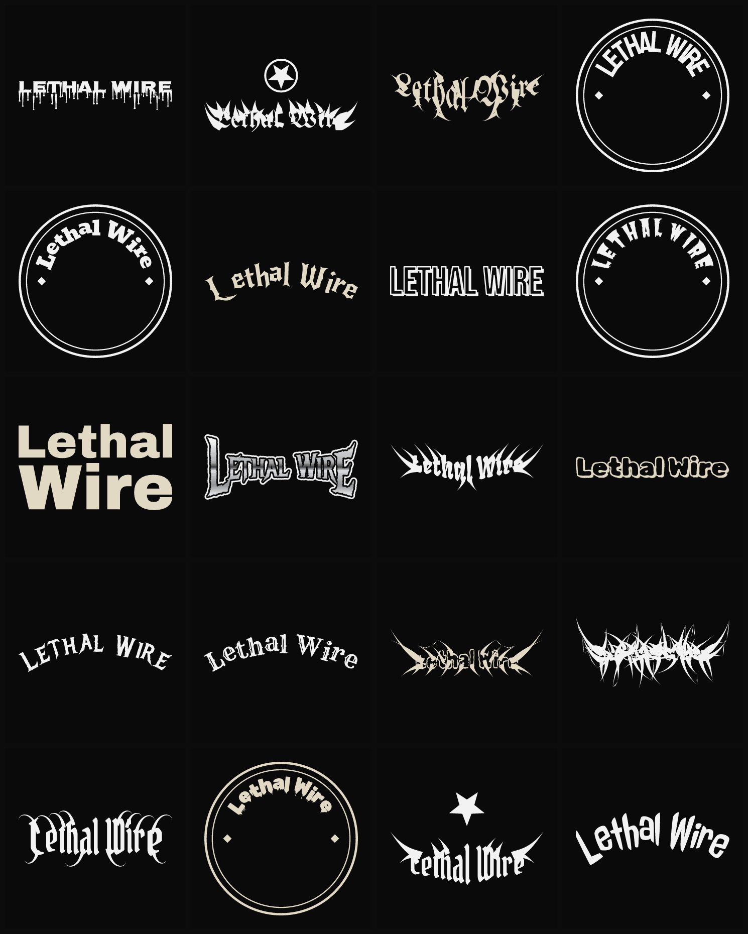 Twenty Lethal Wire band logo ideas — different faces, treatments and spike settings