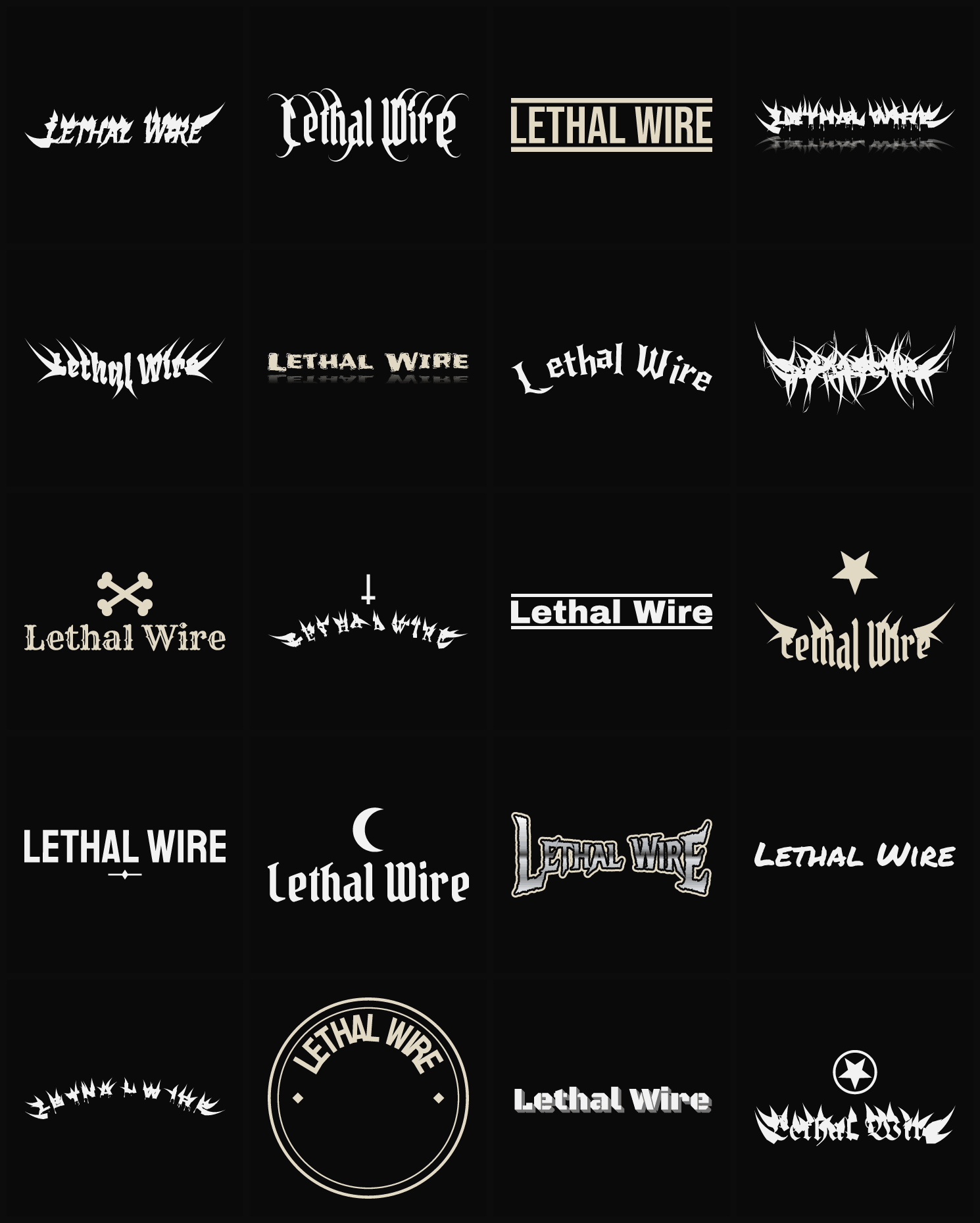 Twenty Lethal Wire band logo ideas — different faces, treatments and spike settings