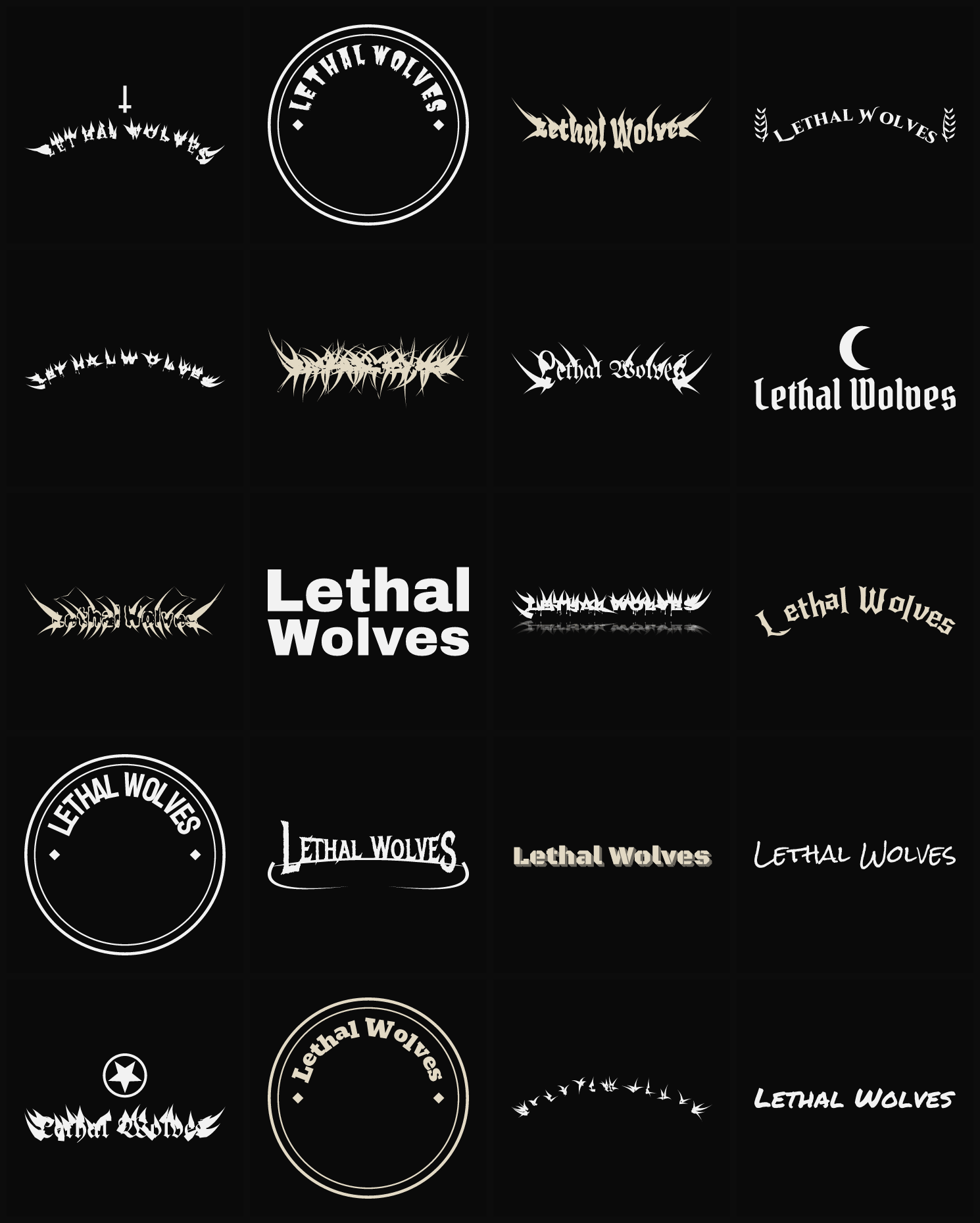 Twenty Lethal Wolves band logo ideas — different faces, treatments and spike settings