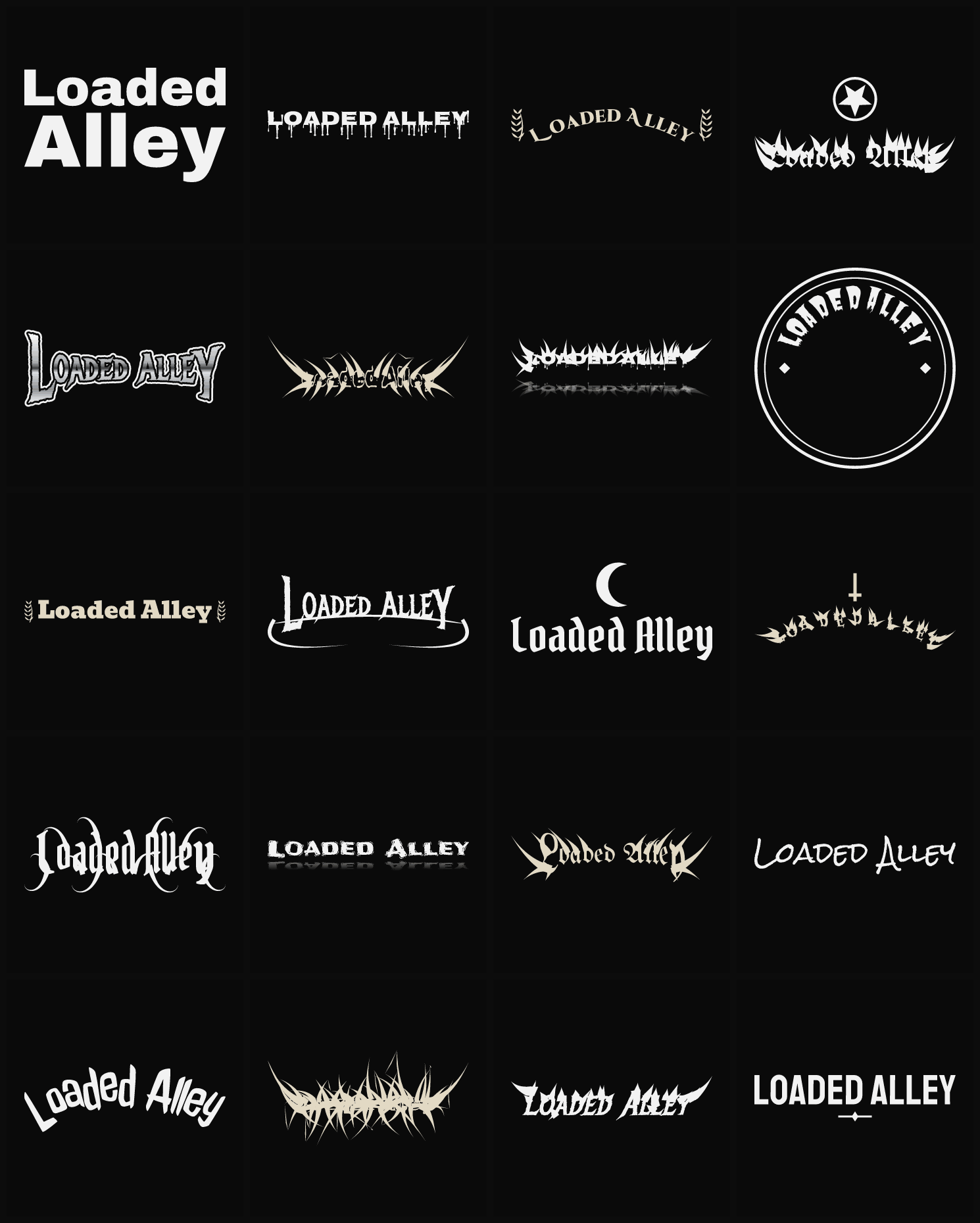 Twenty Loaded Alley band logo ideas — different faces, treatments and spike settings