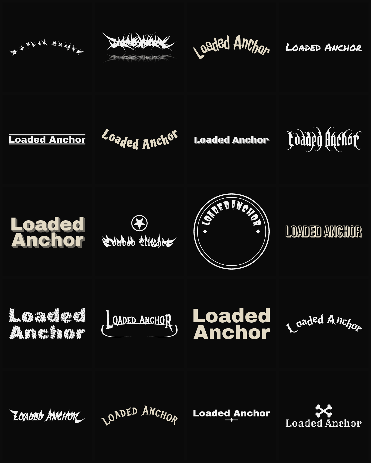 Twenty Loaded Anchor band logo ideas — different faces, treatments and spike settings