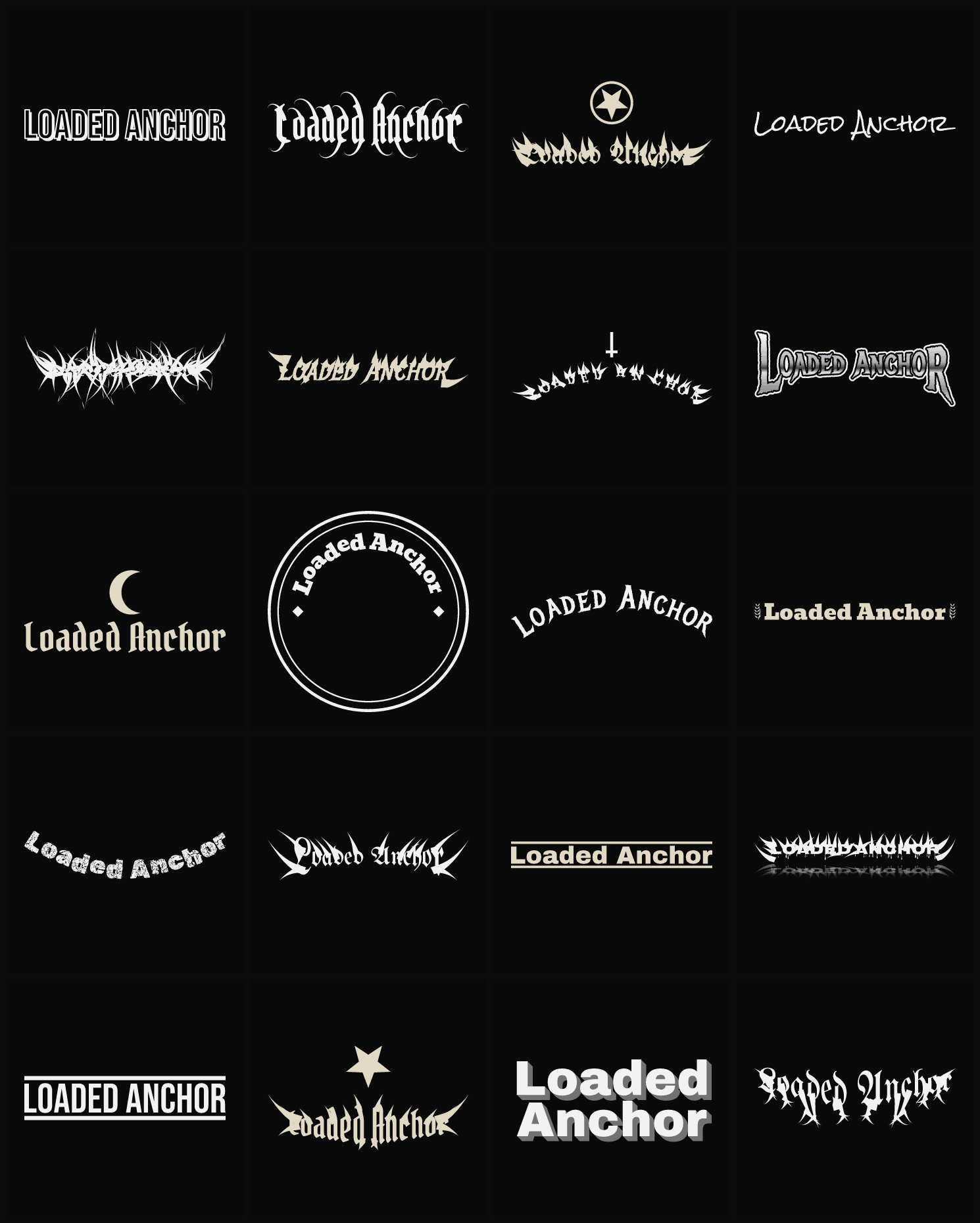 Twenty Loaded Anchor band logo ideas — different faces, treatments and spike settings