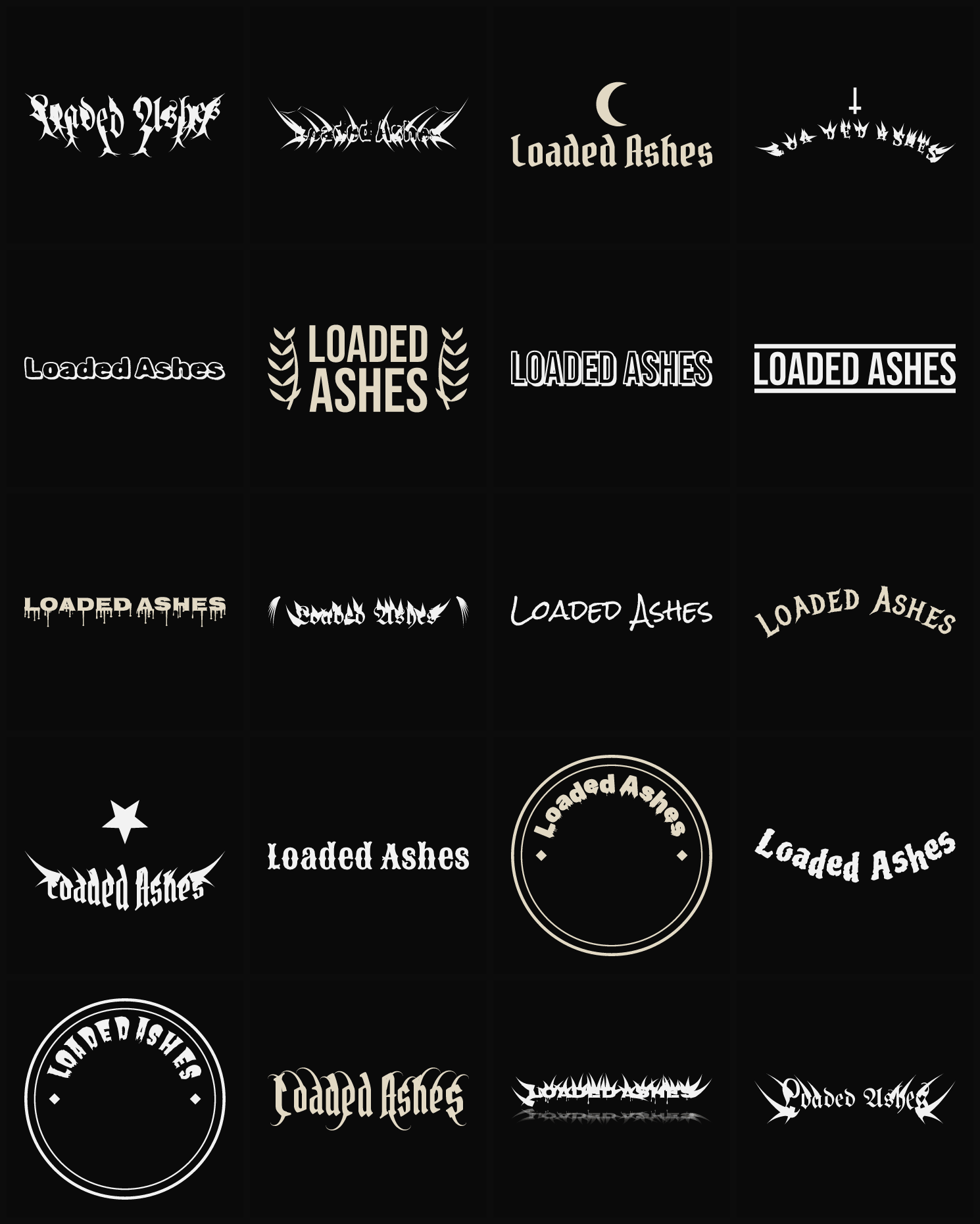 Twenty Loaded Ashes band logo ideas — different faces, treatments and spike settings