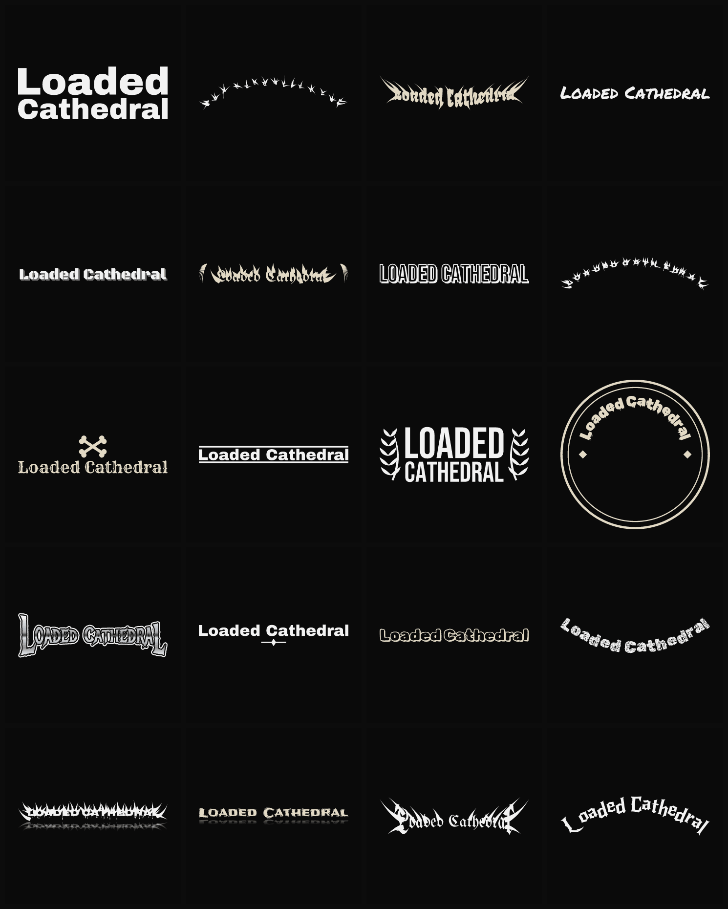 Twenty Loaded Cathedral band logo ideas — different faces, treatments and spike settings