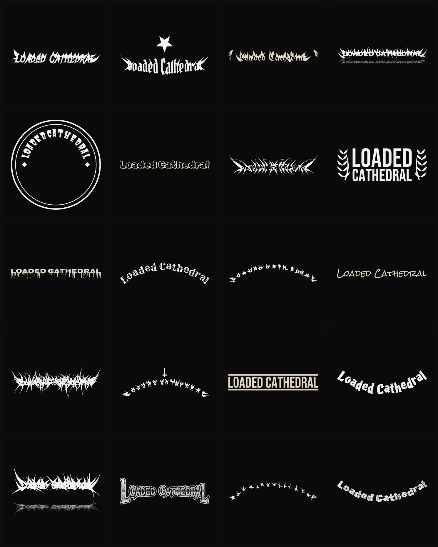 Twenty Loaded Cathedral band logo ideas — different faces, treatments and spike settings