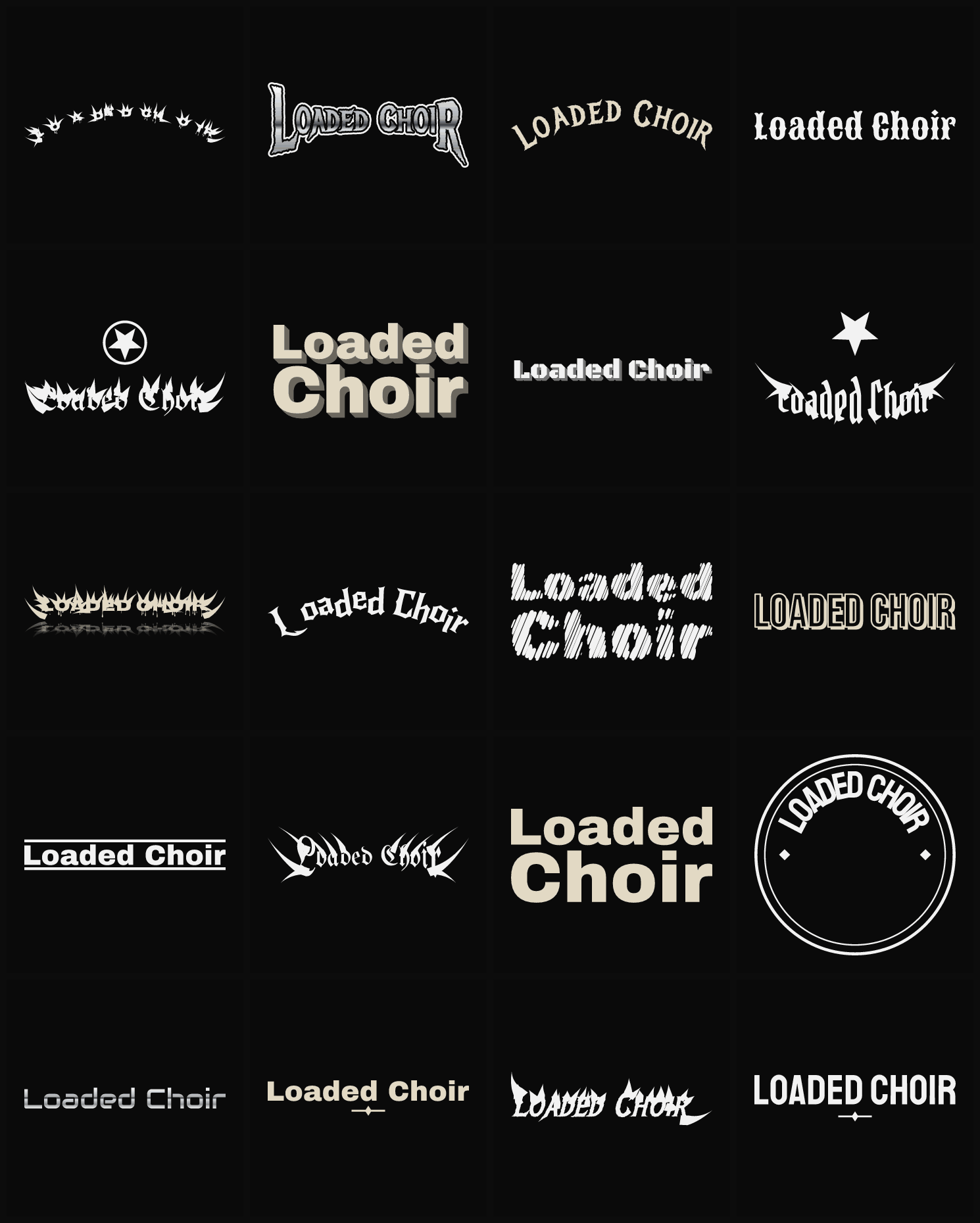 Twenty Loaded Choir band logo ideas — different faces, treatments and spike settings