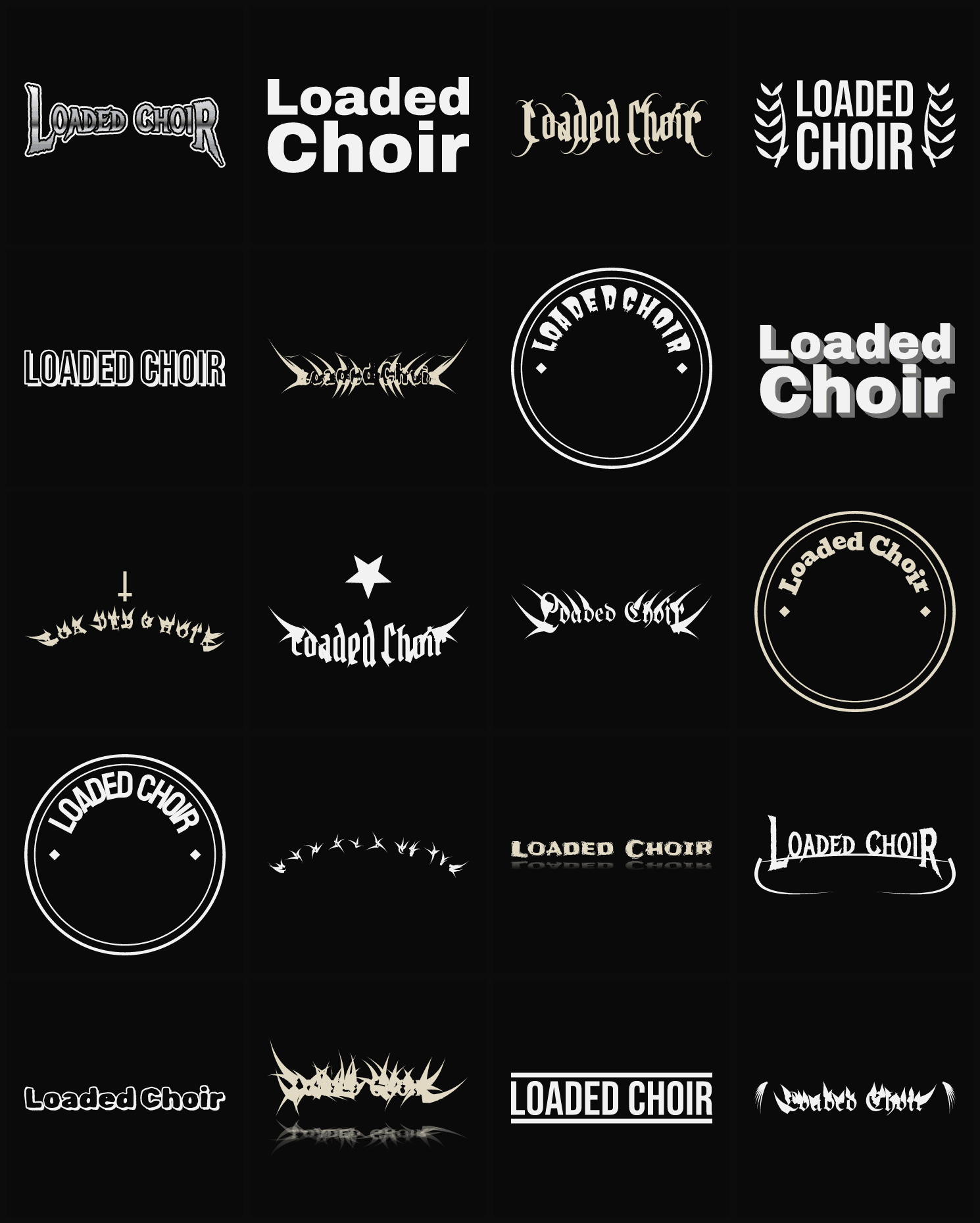 Twenty Loaded Choir band logo ideas — different faces, treatments and spike settings