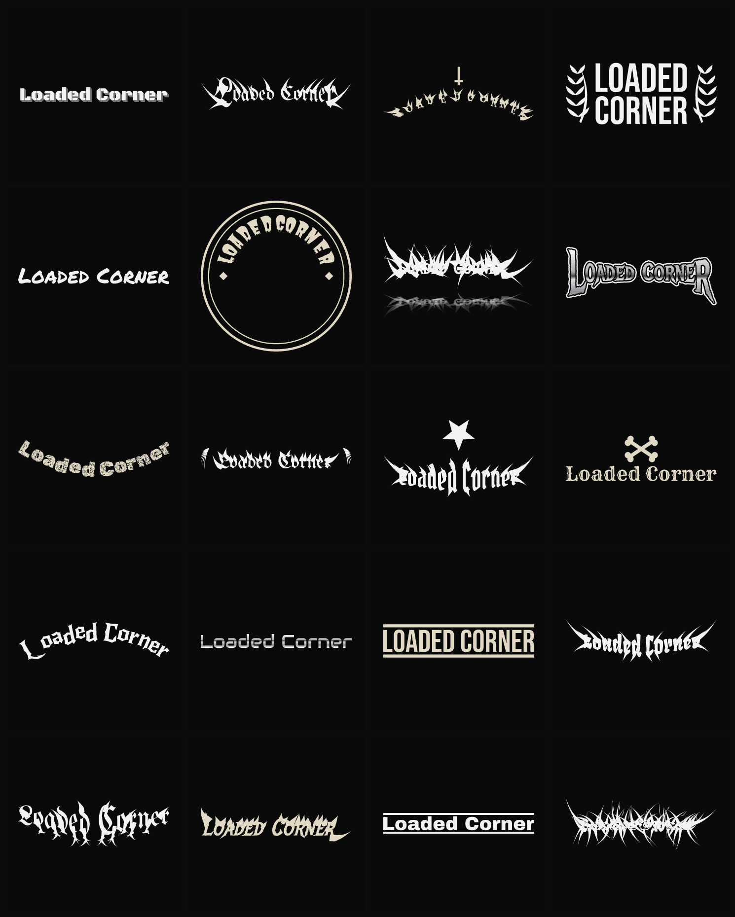 Twenty Loaded Corner band logo ideas — different faces, treatments and spike settings