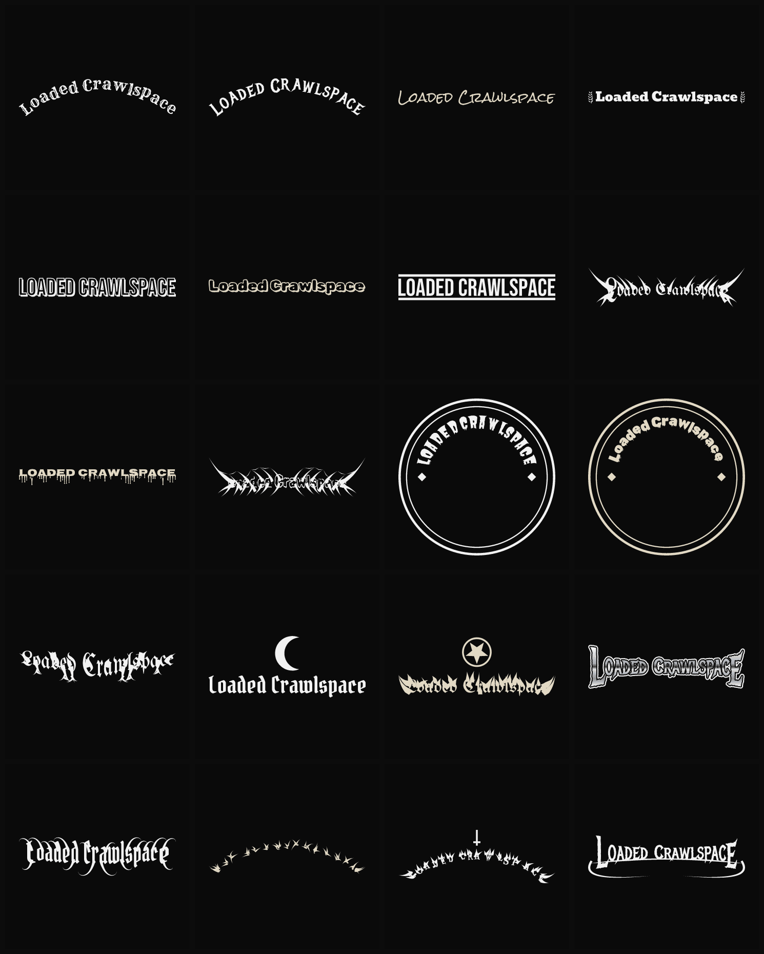 Twenty Loaded Crawlspace band logo ideas — different faces, treatments and spike settings