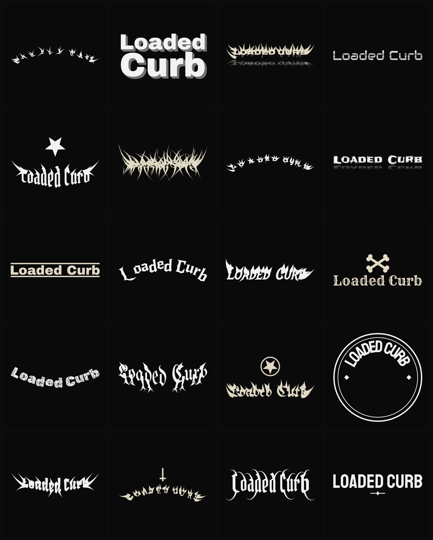 Twenty Loaded Curb band logo ideas — different faces, treatments and spike settings
