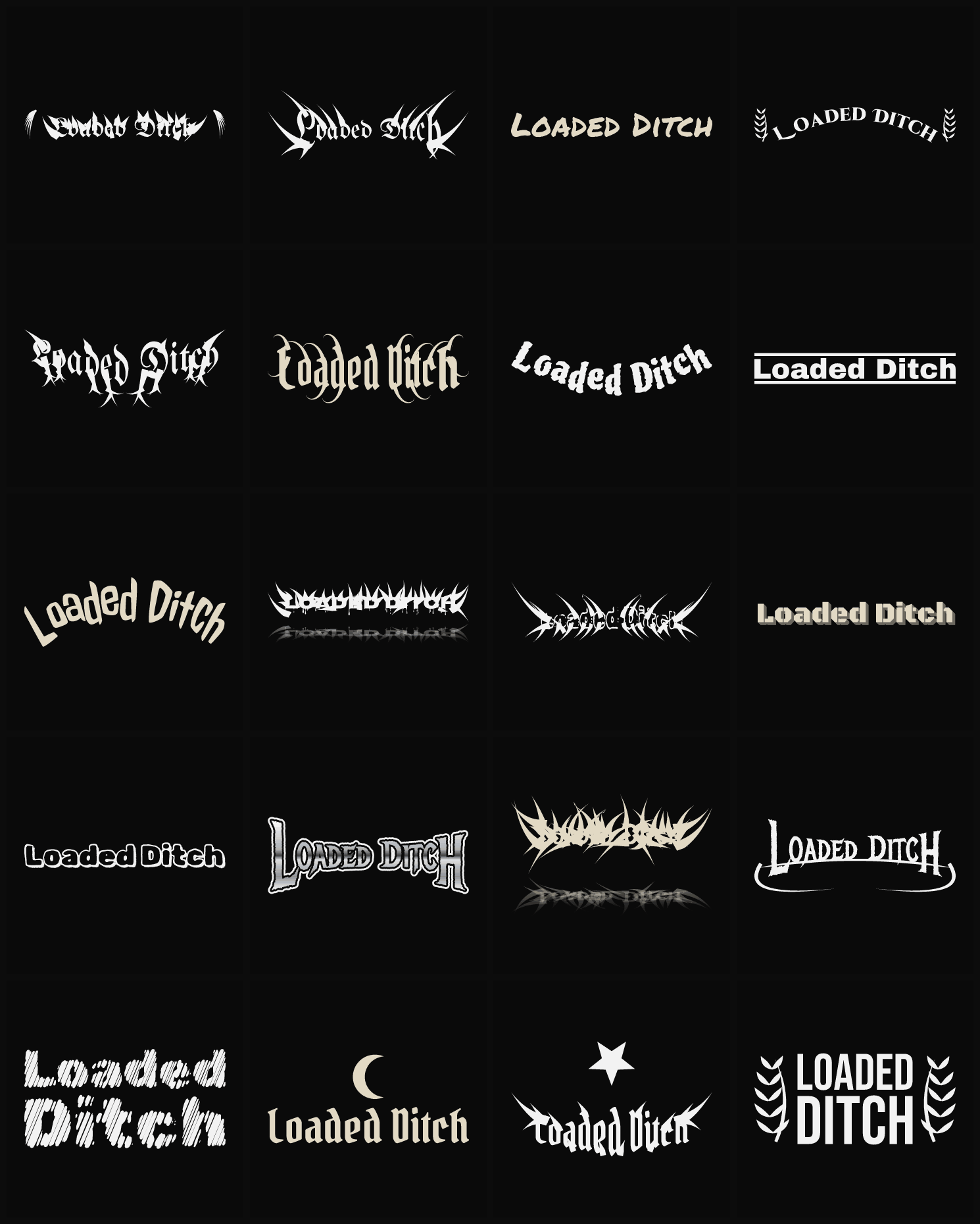 Twenty Loaded Ditch band logo ideas — different faces, treatments and spike settings