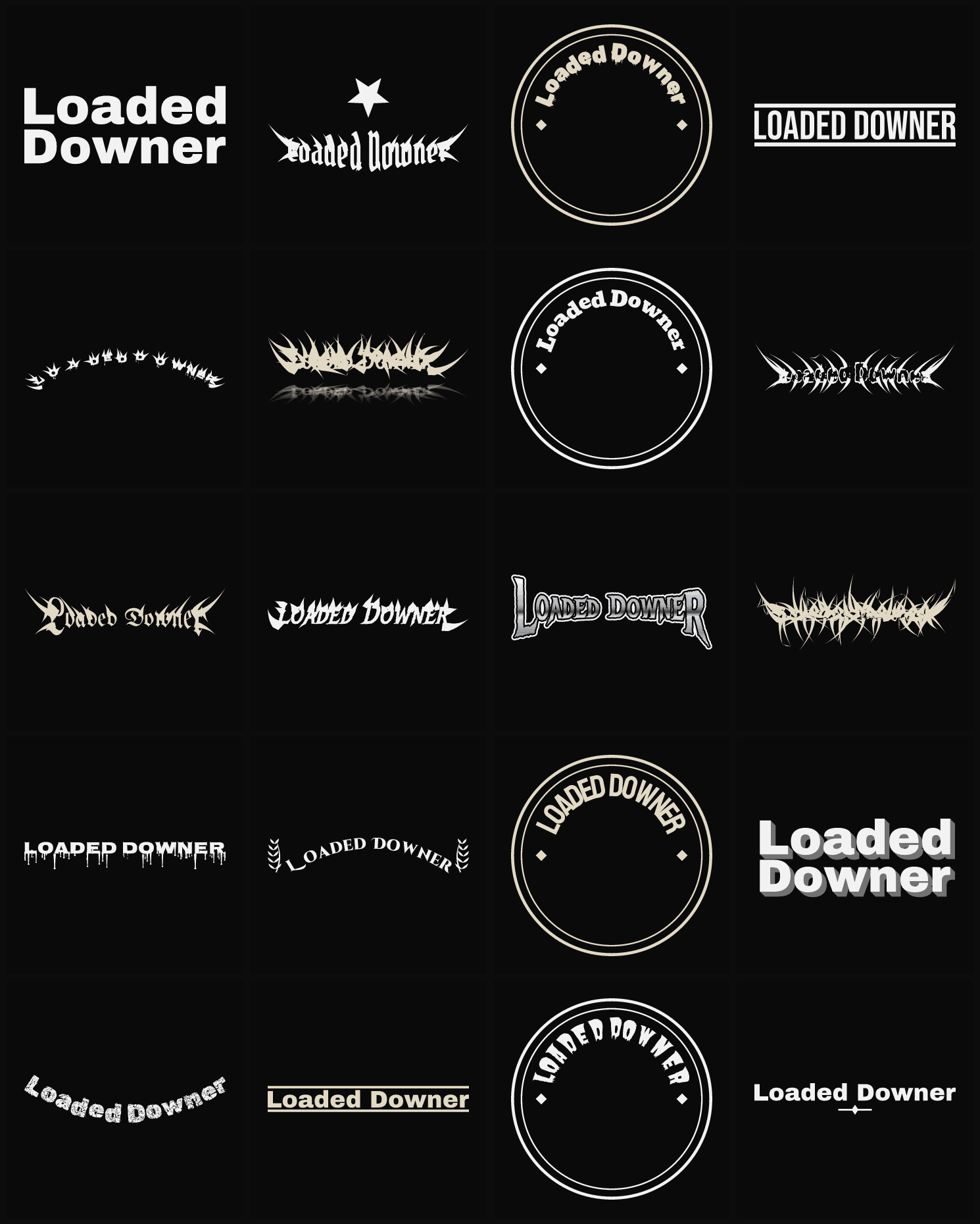 Twenty Loaded Downer band logo ideas — different faces, treatments and spike settings