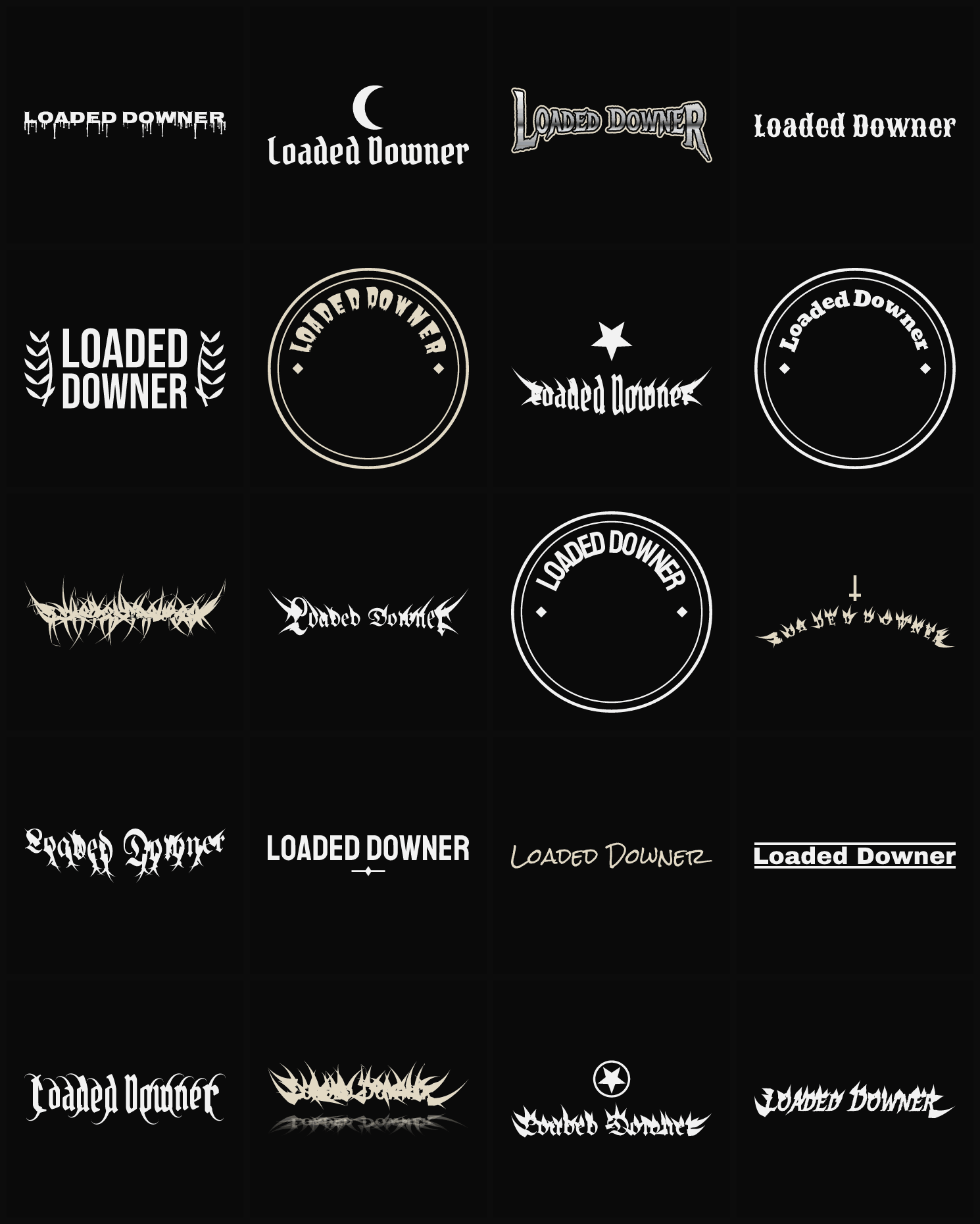 Twenty Loaded Downer band logo ideas — different faces, treatments and spike settings