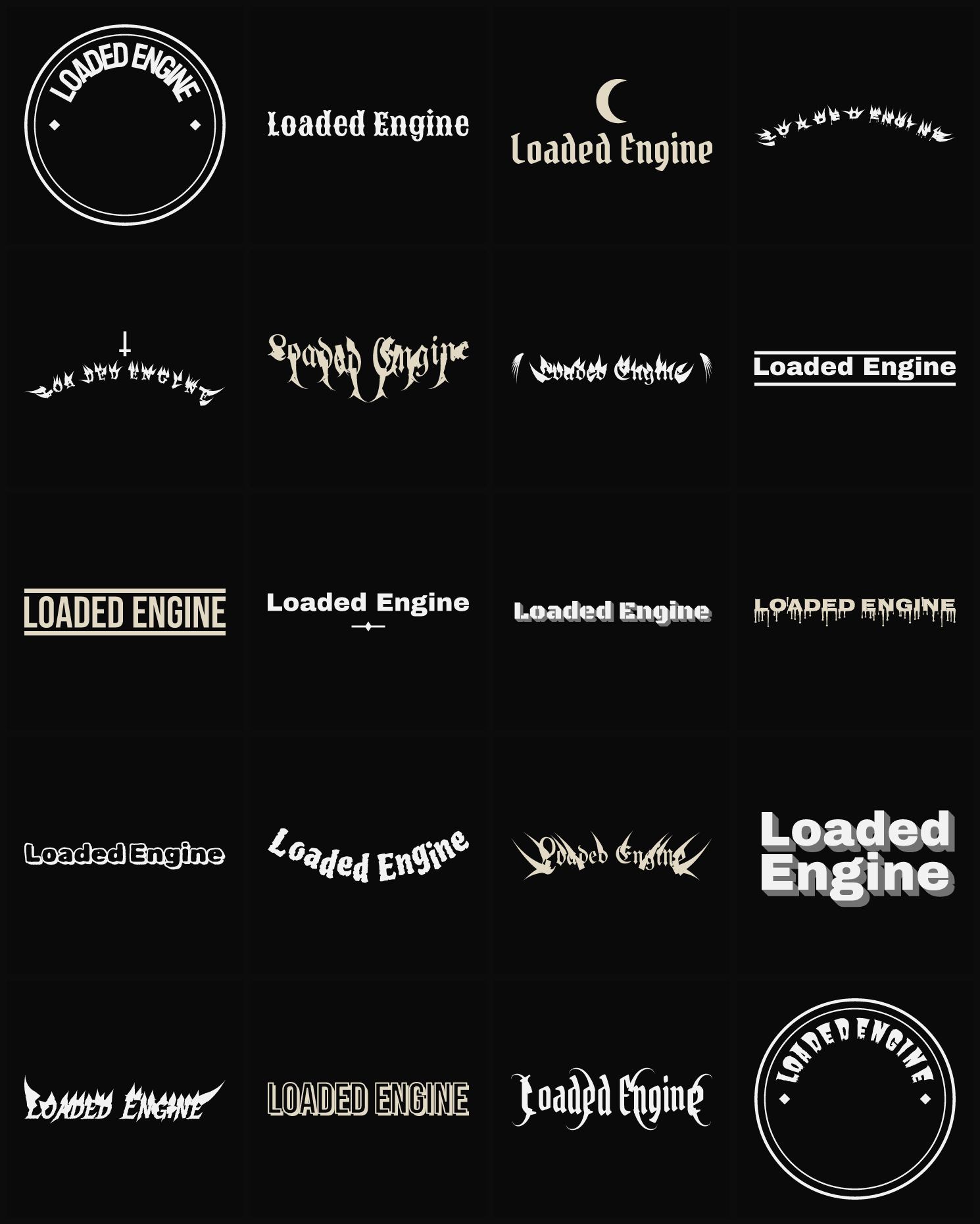 Twenty Loaded Engine band logo ideas — different faces, treatments and spike settings
