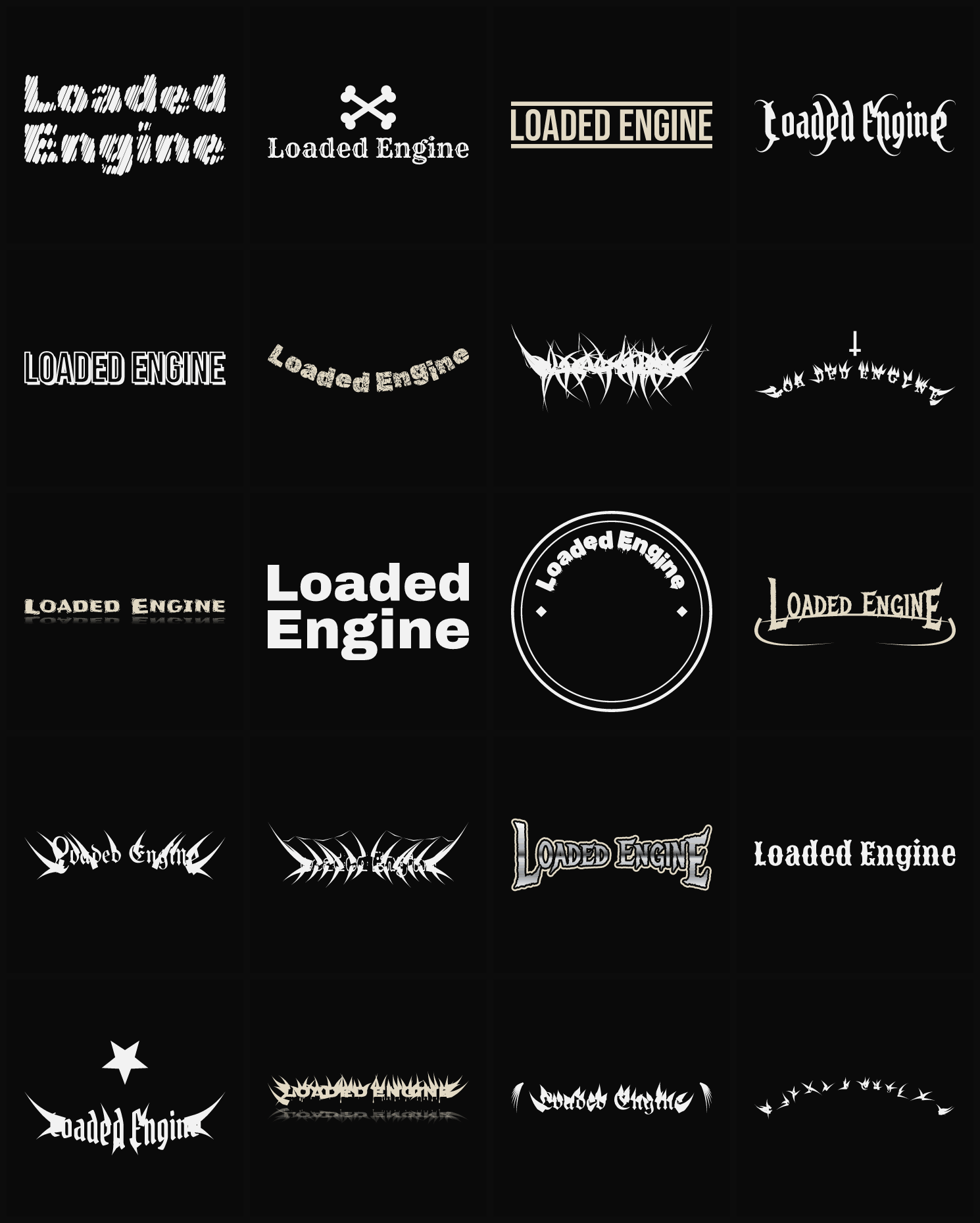 Twenty Loaded Engine band logo ideas — different faces, treatments and spike settings