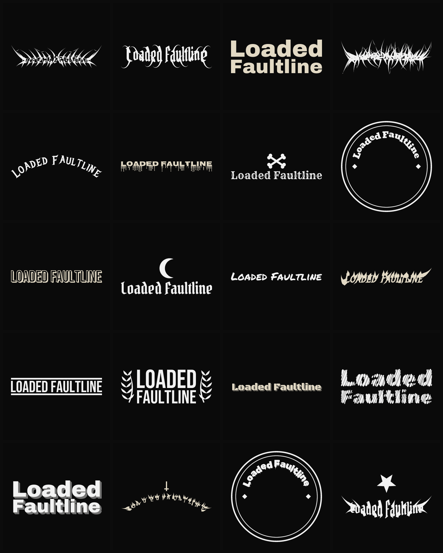 Twenty Loaded Faultline band logo ideas — different faces, treatments and spike settings