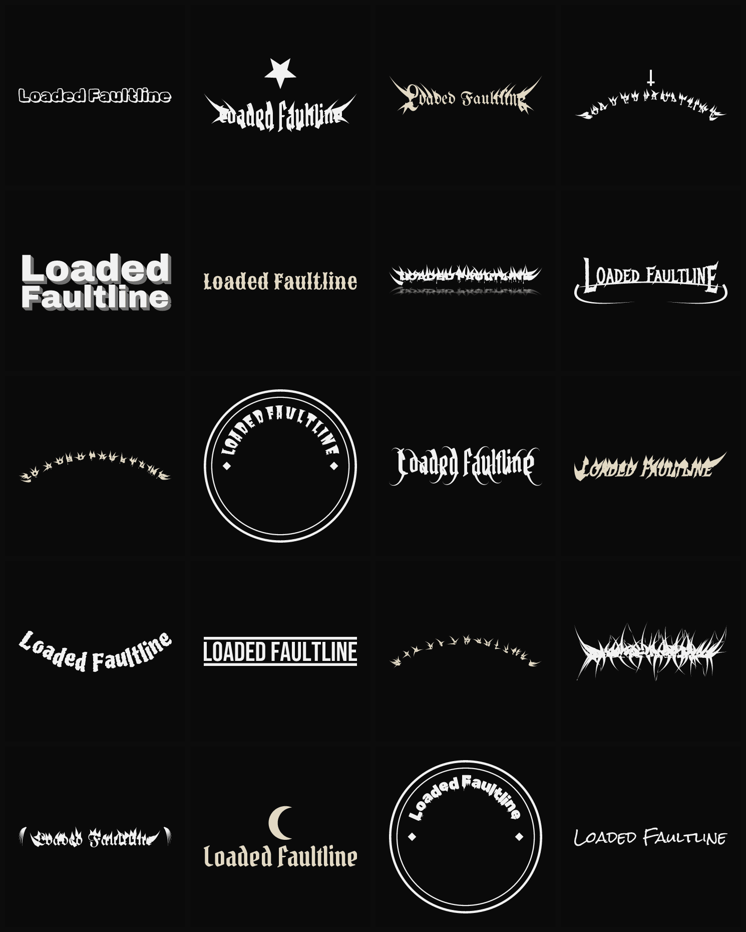 Twenty Loaded Faultline band logo ideas — different faces, treatments and spike settings