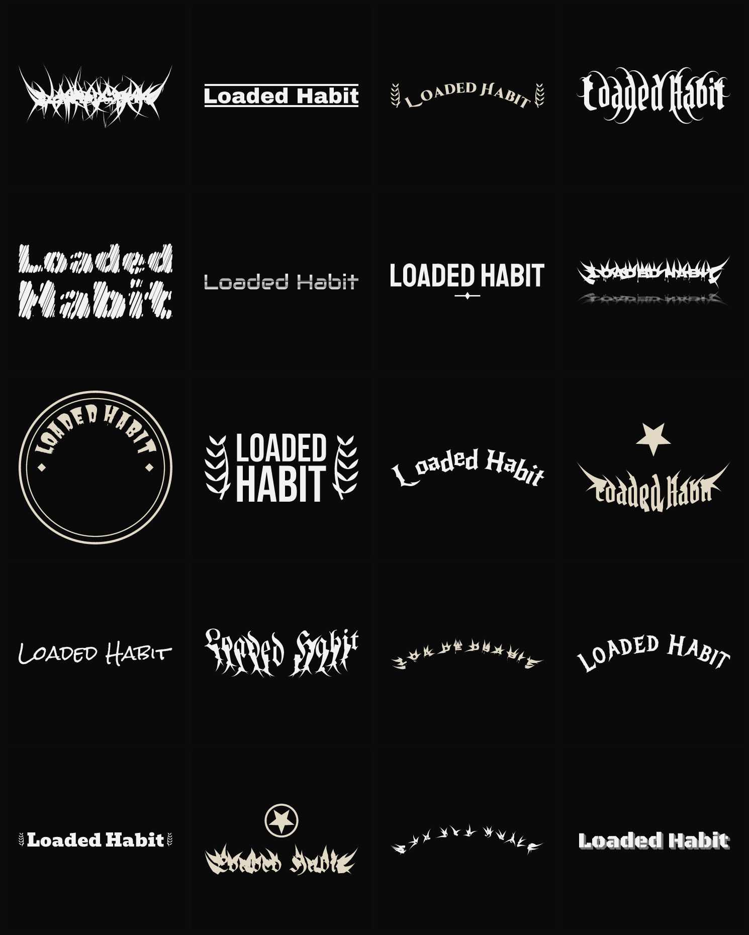 Twenty Loaded Habit band logo ideas — different faces, treatments and spike settings