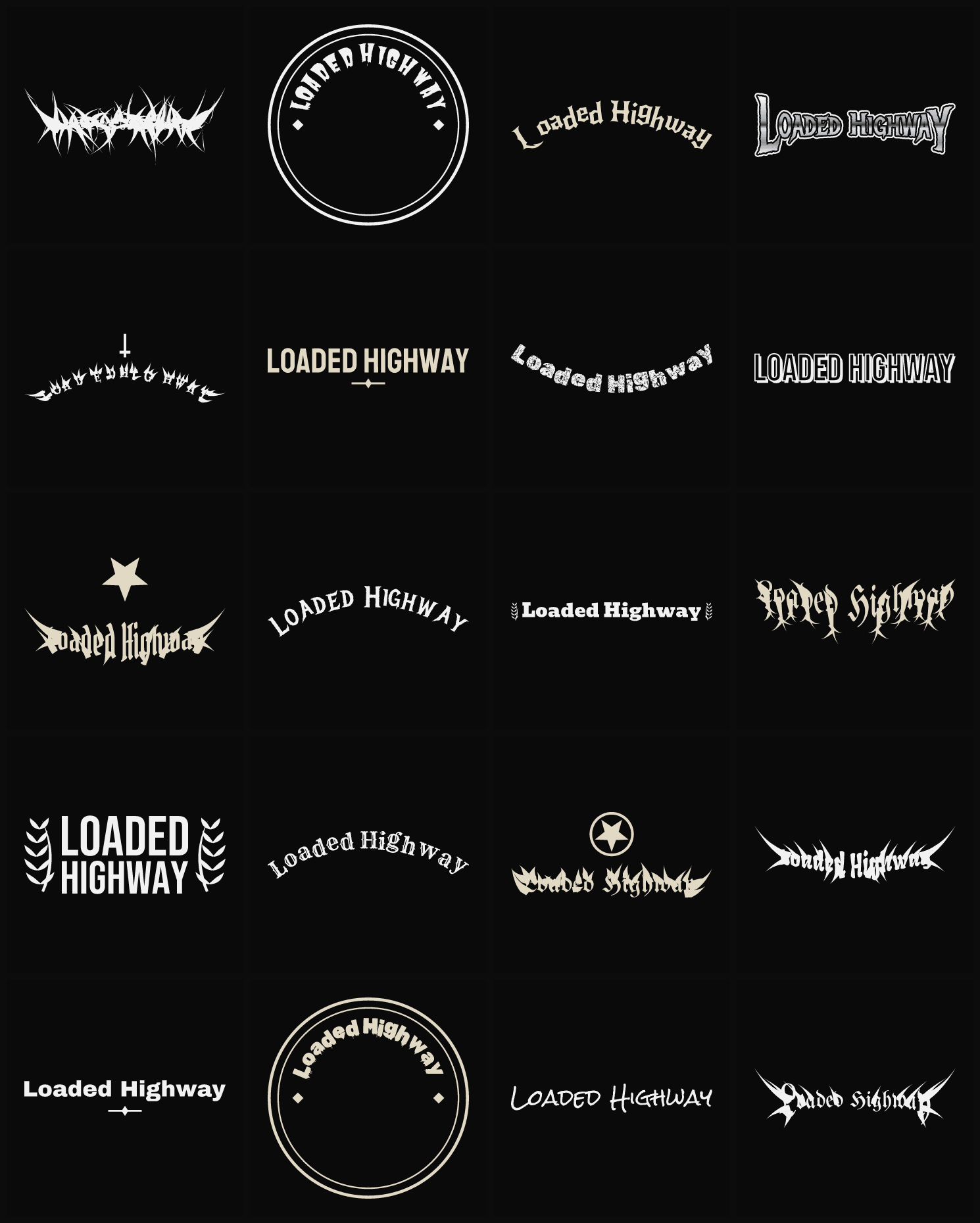 Twenty Loaded Highway band logo ideas — different faces, treatments and spike settings
