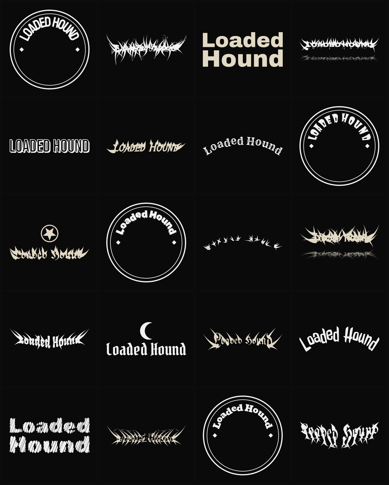 Twenty Loaded Hound band logo ideas — different faces, treatments and spike settings