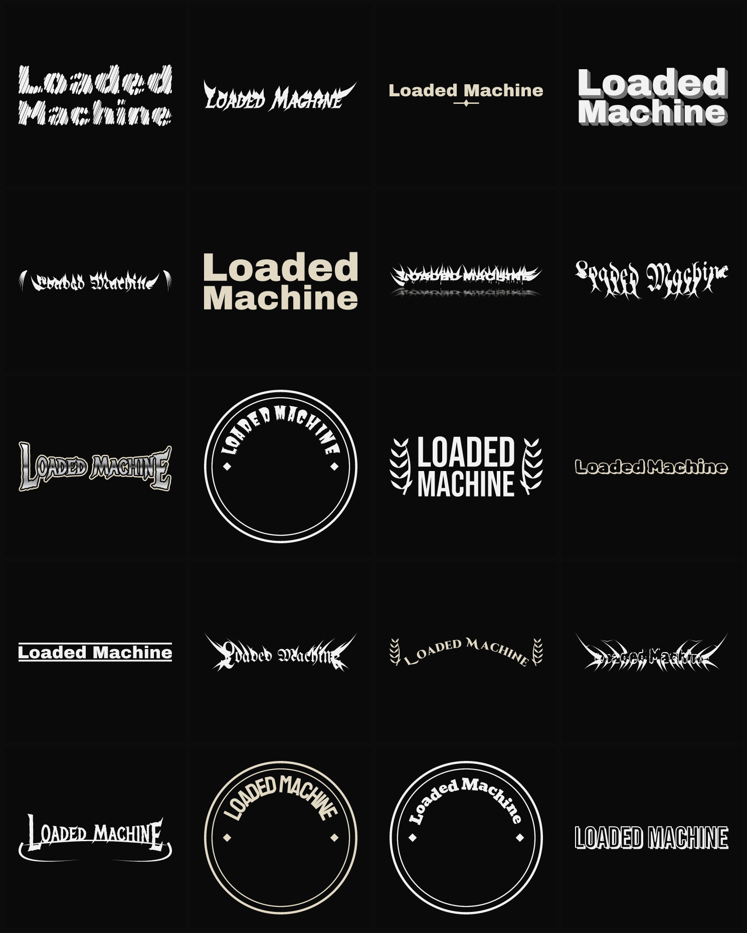 Twenty Loaded Machine band logo ideas — different faces, treatments and spike settings