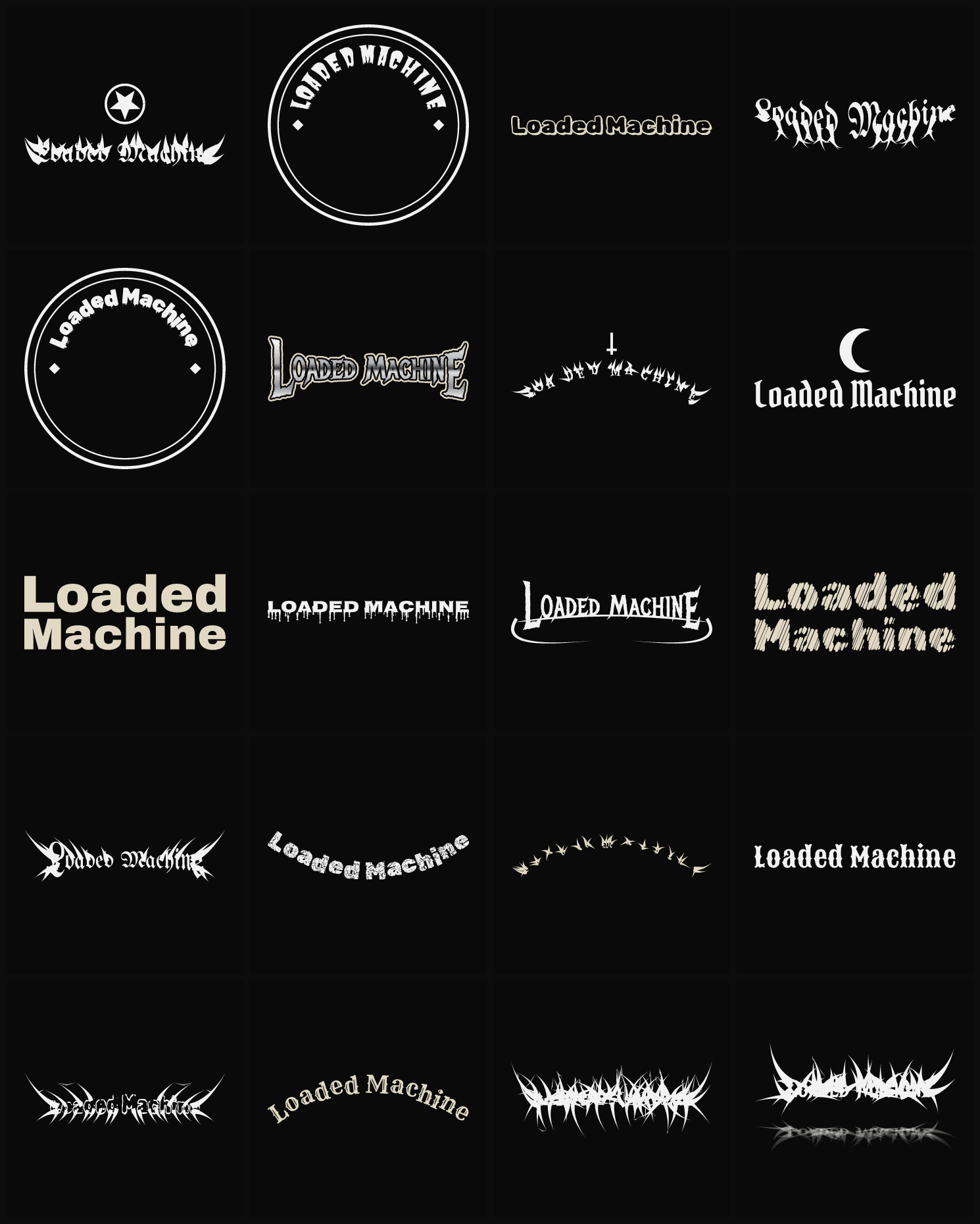 Twenty Loaded Machine band logo ideas — different faces, treatments and spike settings