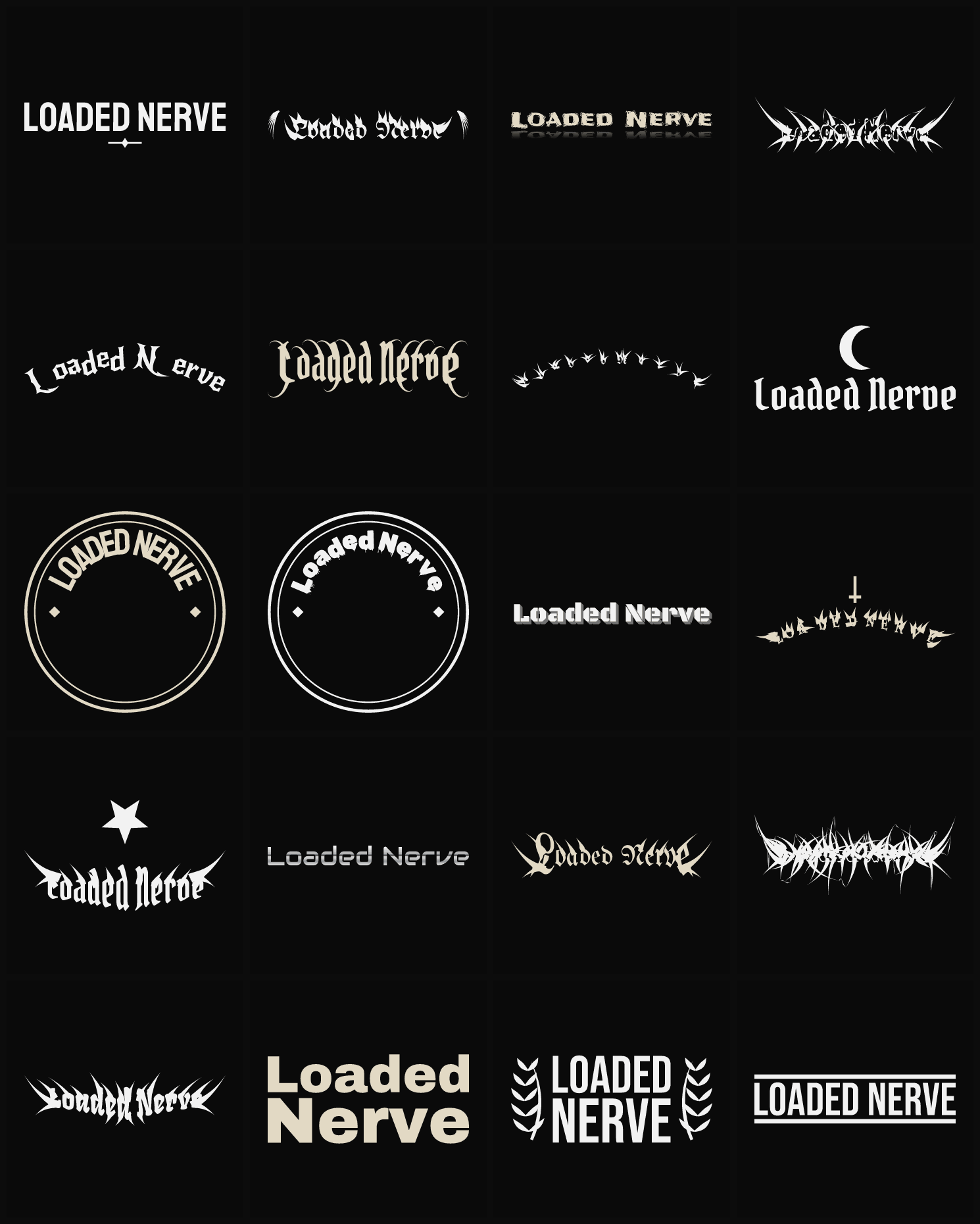 Twenty Loaded Nerve band logo ideas — different faces, treatments and spike settings