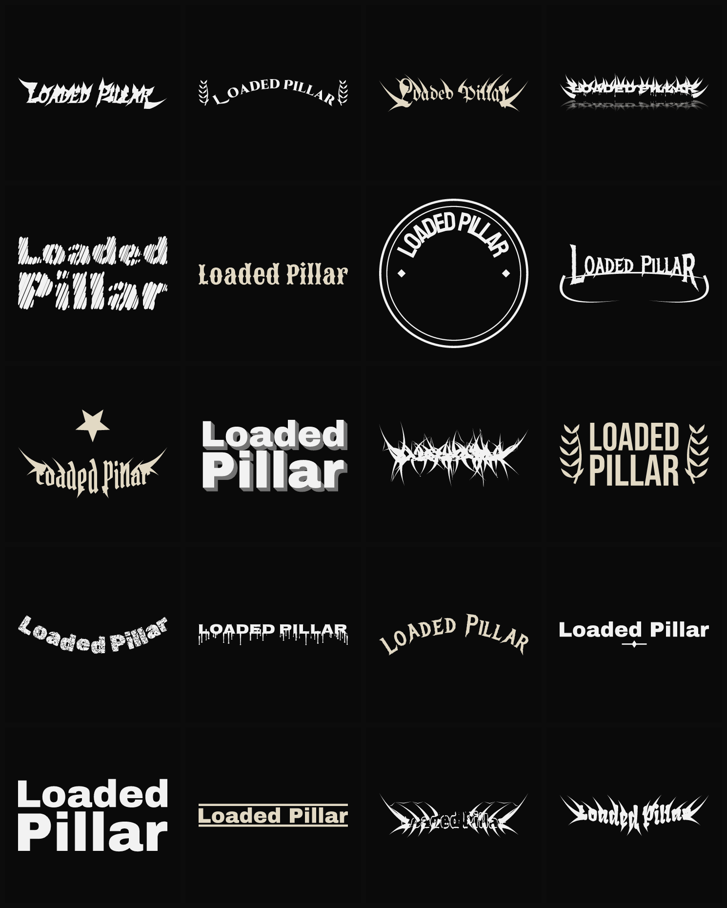 Twenty Loaded Pillar band logo ideas — different faces, treatments and spike settings