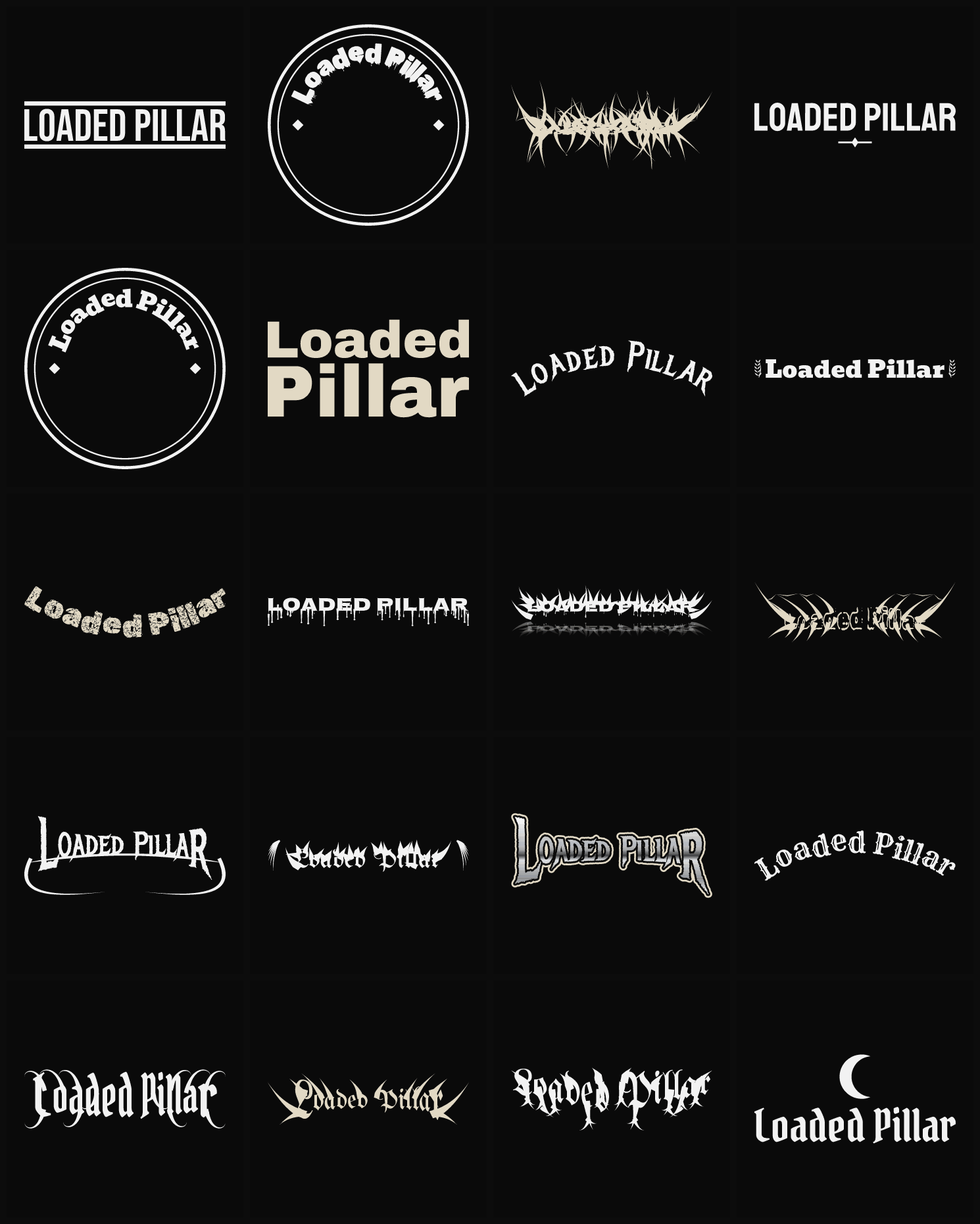 Twenty Loaded Pillar band logo ideas — different faces, treatments and spike settings