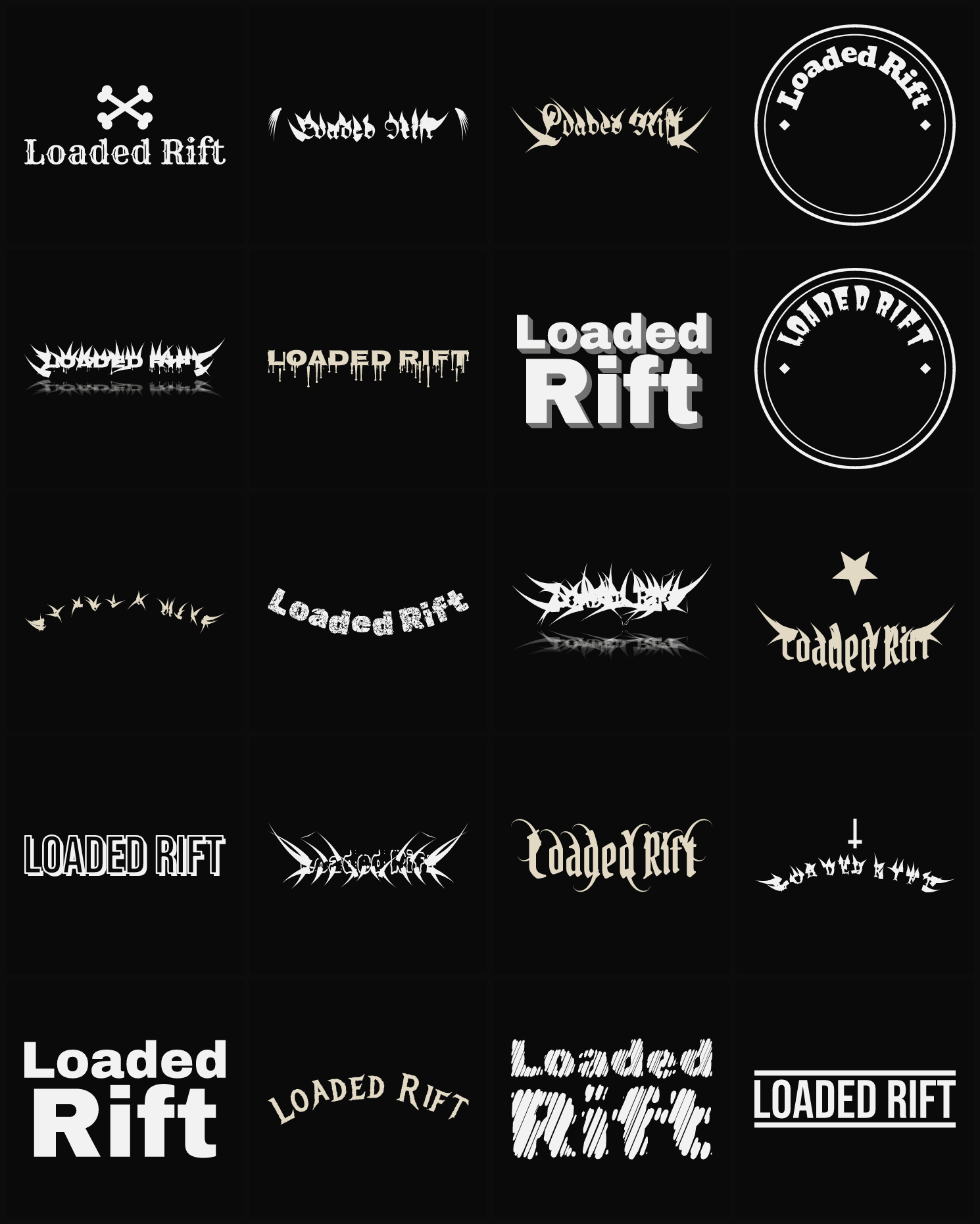 Twenty Loaded Rift band logo ideas — different faces, treatments and spike settings