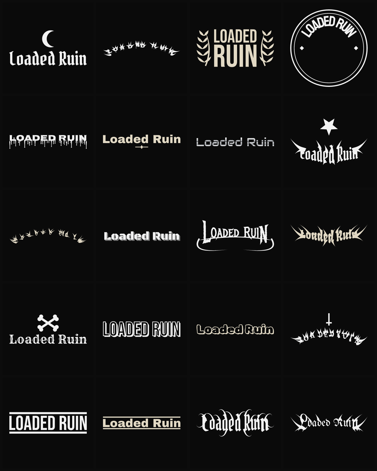Twenty Loaded Ruin band logo ideas — different faces, treatments and spike settings