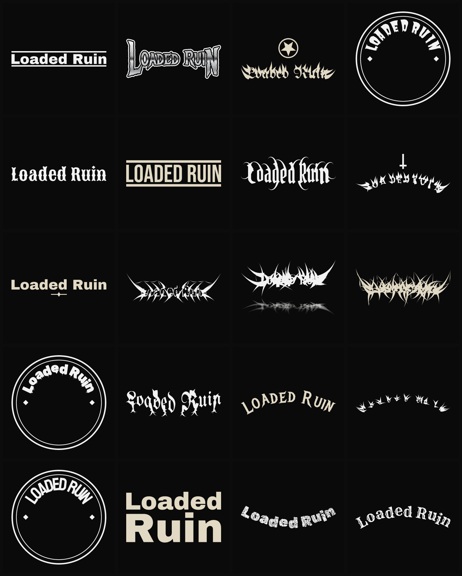 Twenty Loaded Ruin band logo ideas — different faces, treatments and spike settings