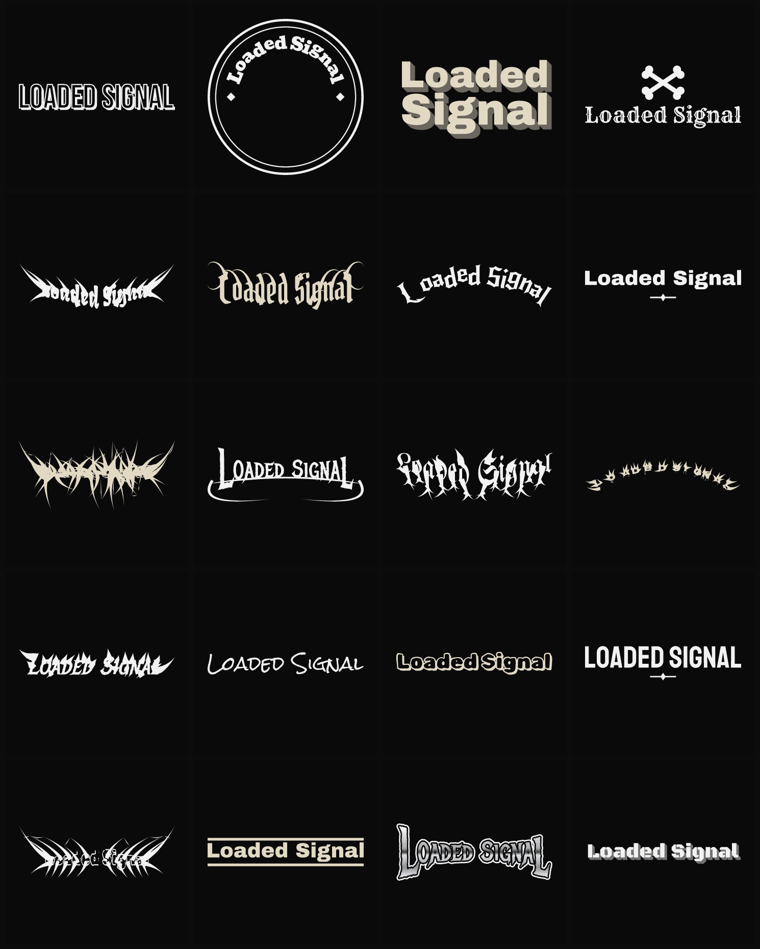 Twenty Loaded Signal band logo ideas — different faces, treatments and spike settings